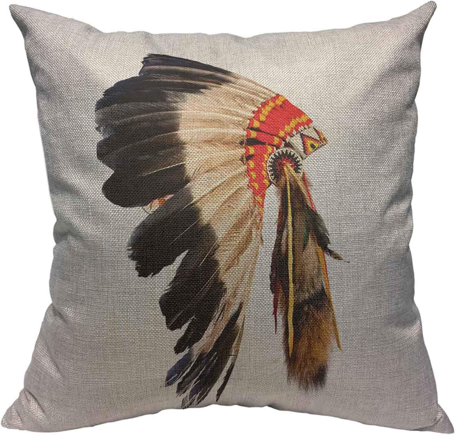 Throw Pillow Covers Head Native American Indian Chief Headdress Mascot Tribal Feather Costume Cotton Linen Decorative Square Pillowcases Cushion Cover 18 X 18 Inch