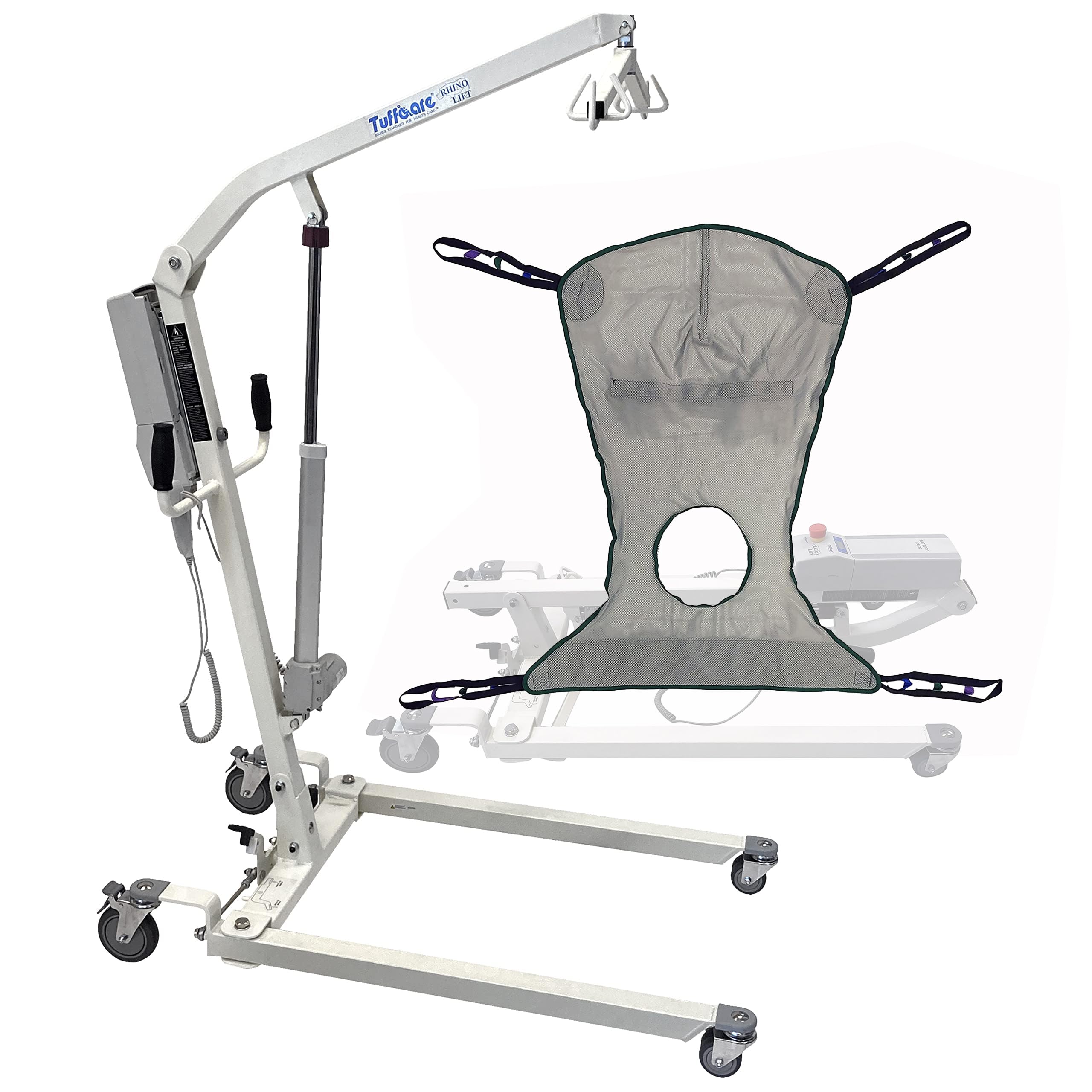 Tuffcare Electric Patient Lift - Rhino Lift with Manual Low Base - with Shower Full Sling(Large), 450 lb. Weight Capacity.