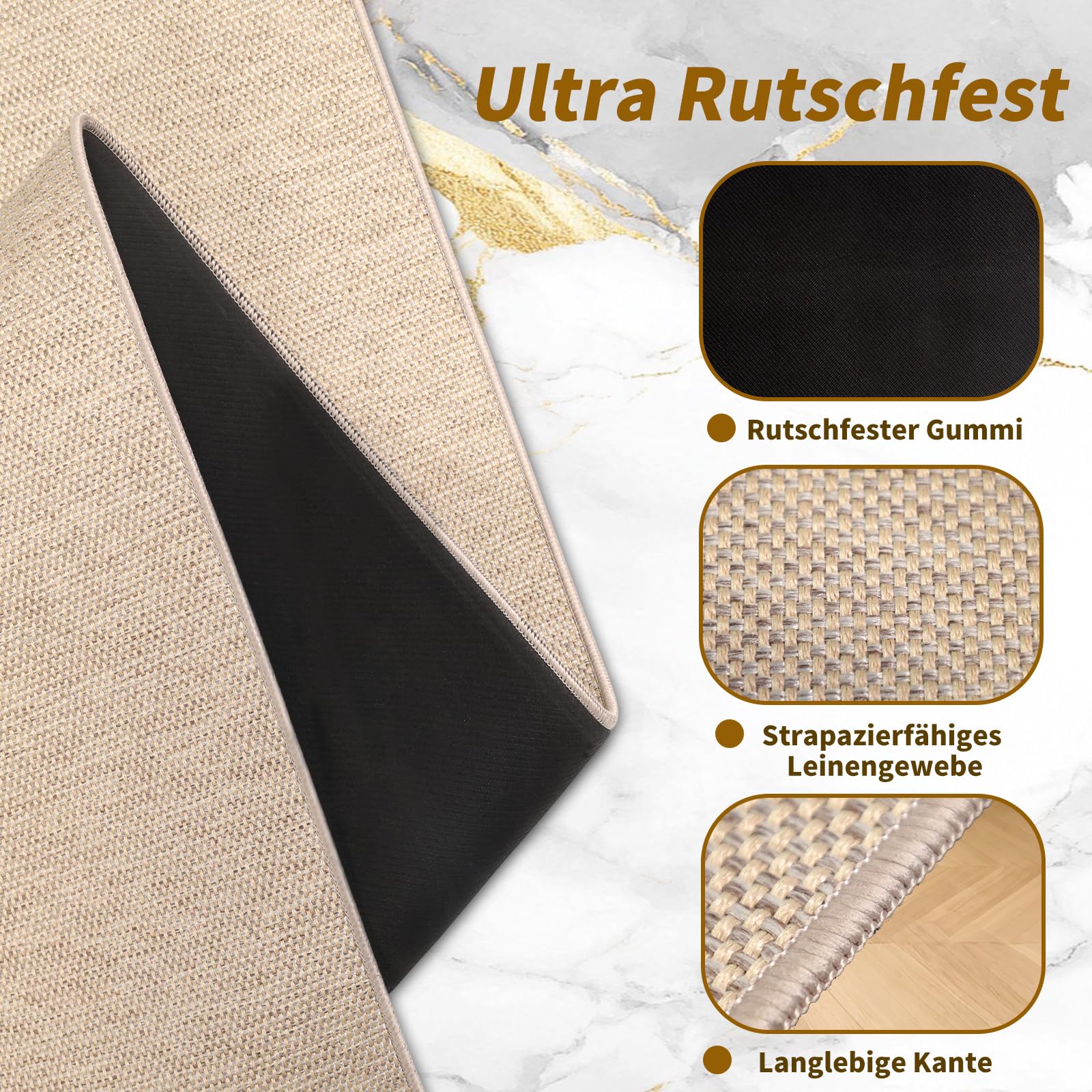 Küchenteppich Waschbar Rutschfest 2 Stück, Küchenläufer Saugfähig, Anti-Ermüdungsmatte, 43x75CM+43x150CM, Beige