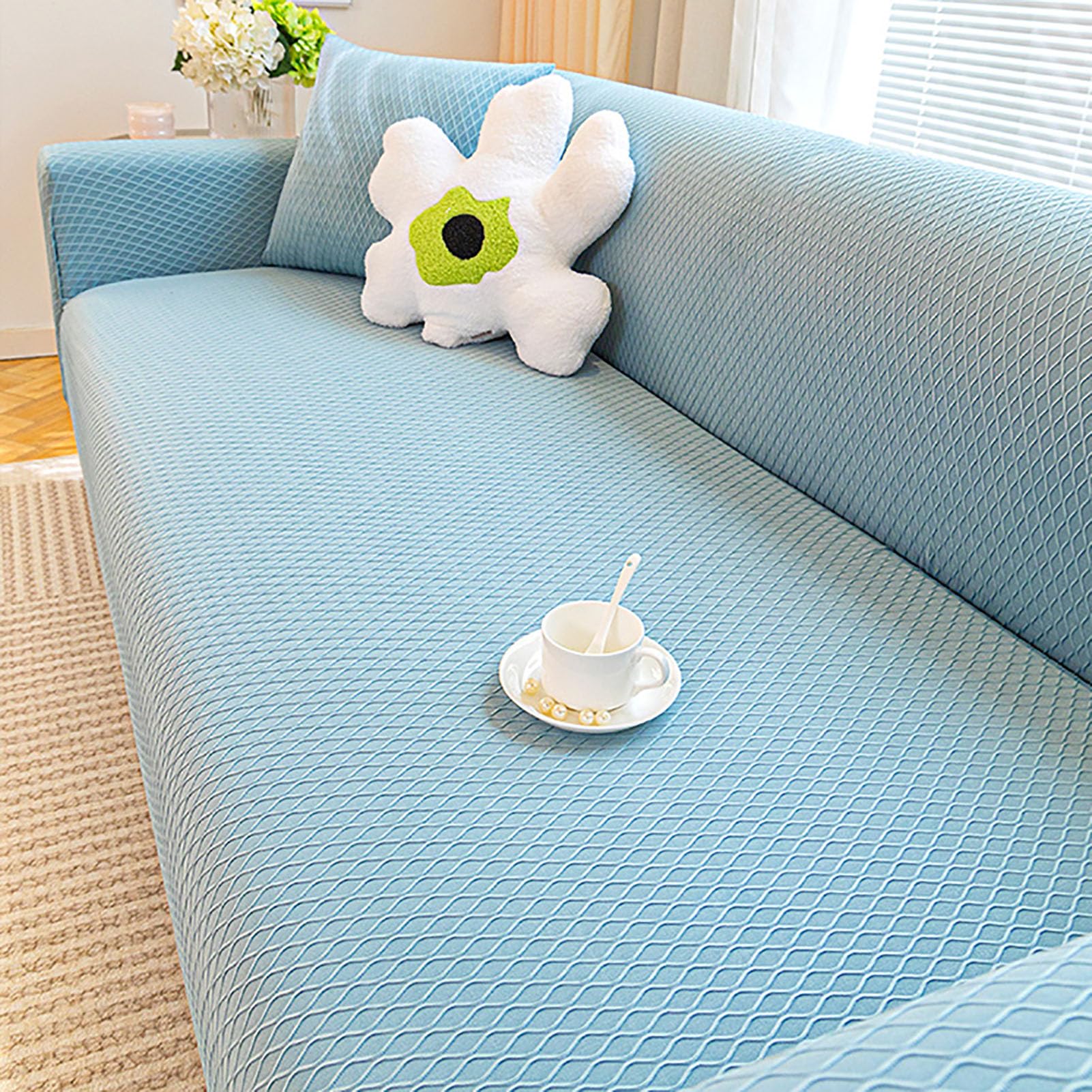 Housse de canapé velours extensible 1 place bleu pour protection de meubles