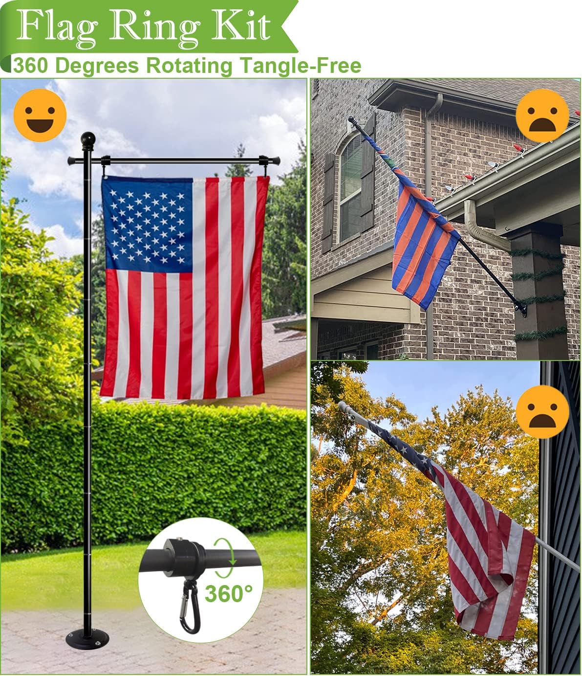 Koutemie 10FT Garden Flag Pole Stand with Metal Base for 3x5 American Flags, Adjustable Heavy Duty Outdoor Flagpole Holder Kit for Wooden Floor or Hard Ground, 1 Pack