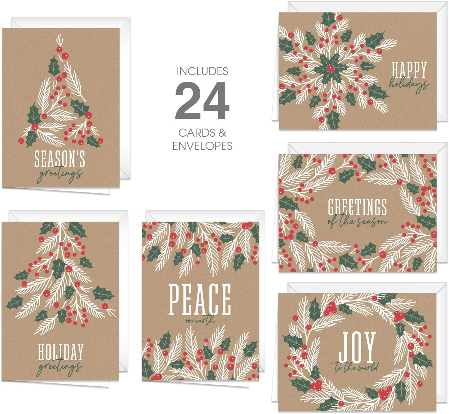 Canopy Street Kraft Look Holiday Cards / 24 Cards With White Envelopes/Rustic 4 5/8" x 6 1/4" Christmas Note Cards / 6 Festive Winter Designs