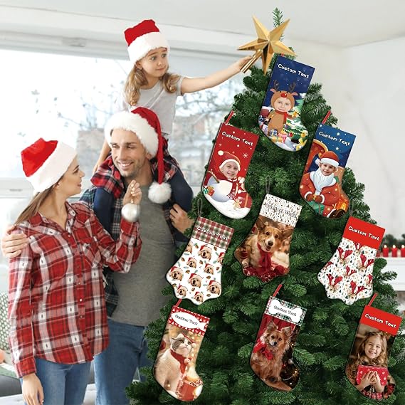Customisable Christmas Stocking, Personalized Paw Christmas Stocking with Cat and Dog Picture and Name - Fireplace Hanging Christmas Decorations Gift 17 Inches