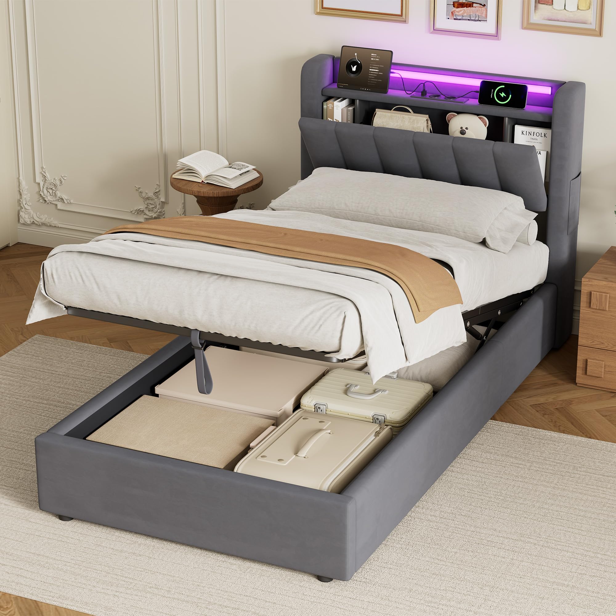 okwish Letto baule 90 x 190 cm con LED e USB, letto imbottito con testiera portaoggetti e contenitore idraulico, in velluto grigio scuro, senza materasso