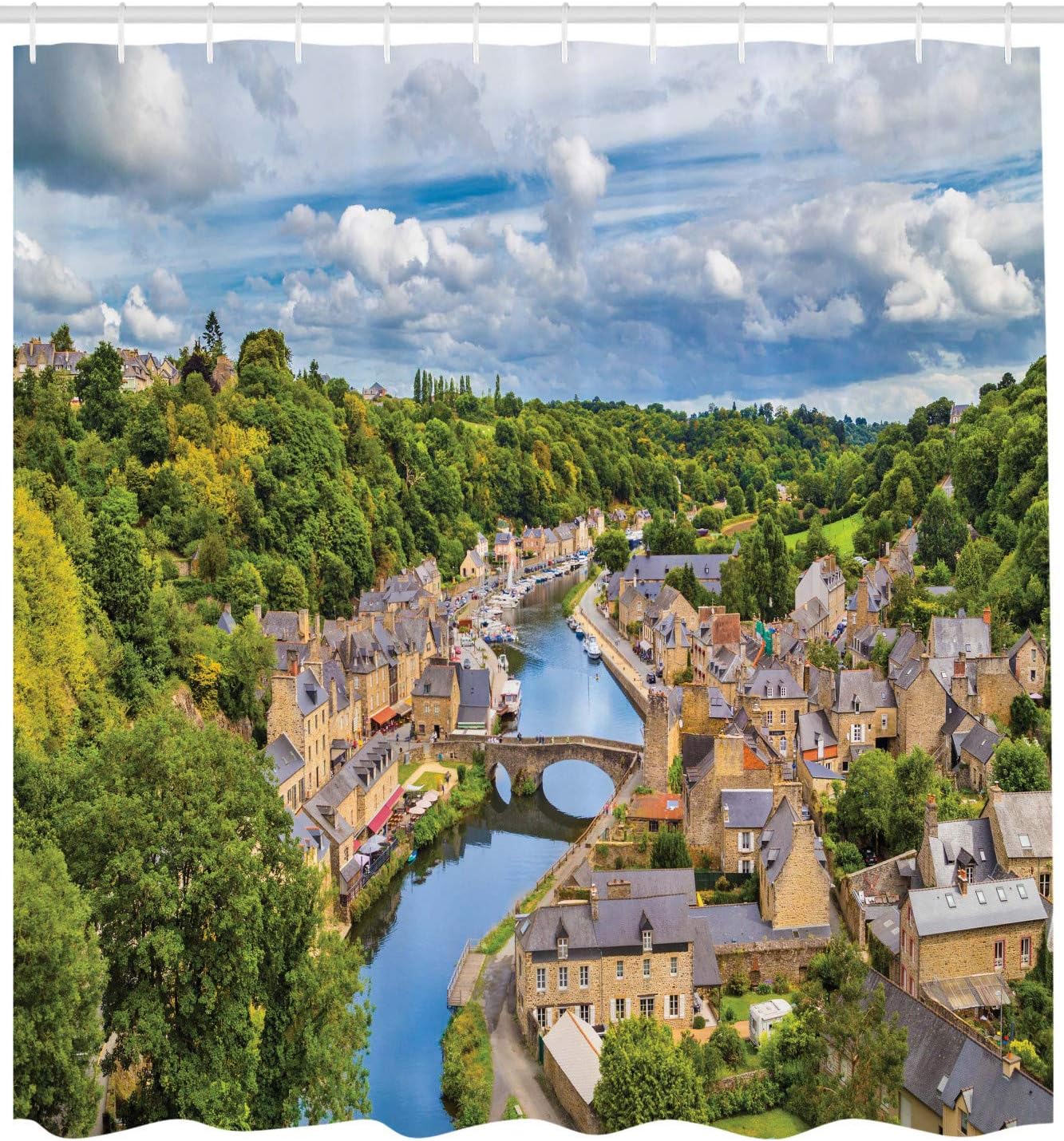 Ambesonne Scenery Shower Curtain, Clouds Over Town Dinan Rance River Northwestern France Landscape Print, Cloth Fabric Bathroom Decor Set with Hooks, 69" W x 75" L, Sand Brown and Green