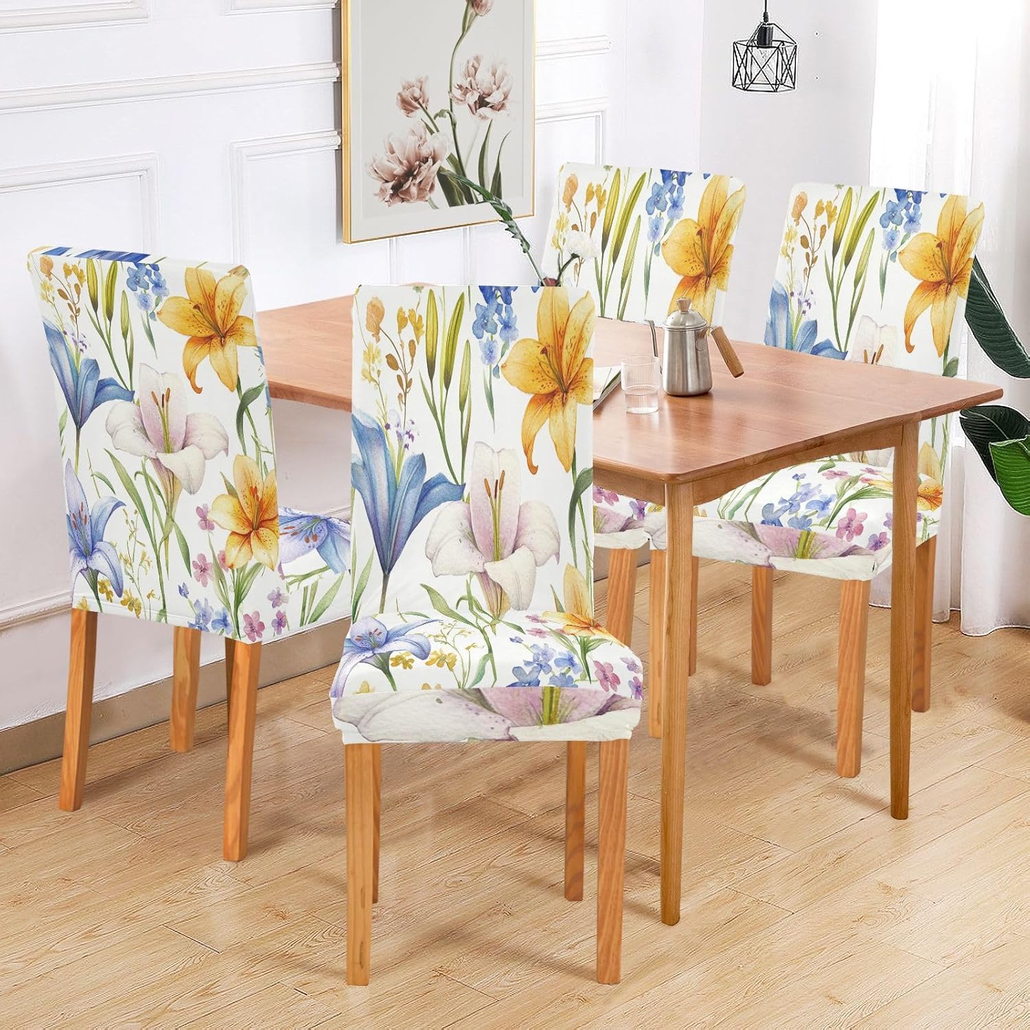 ALAZA Chair Covers for Dining Room, Watercolor Lily Floral Wildflowers Stretch Chair Cover Sets Chair Protector Removable Washable for Ktichen Restaurant Hotel