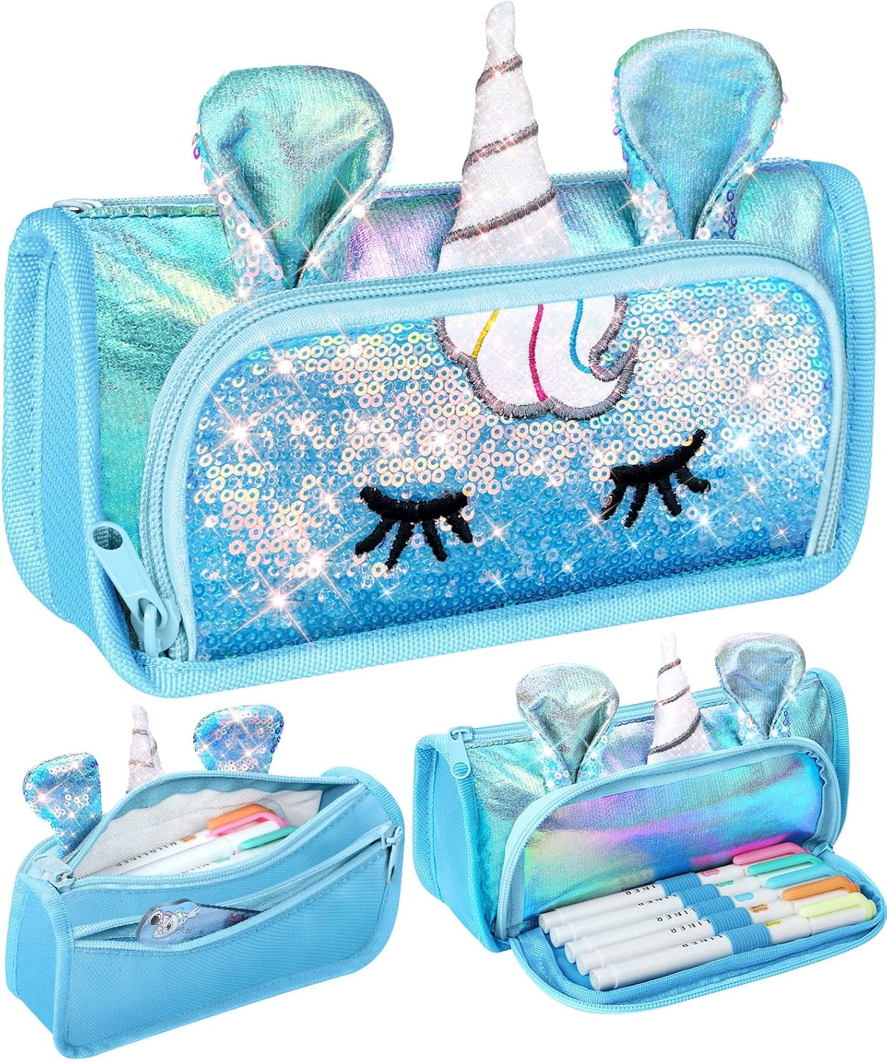 Cute Pencil Case, 3D Pencil Pouch for Girls Kids, Sparkly Pencil Bag with Sequins for Students, Glitter Bling School Supplies Stationary Pen Holder