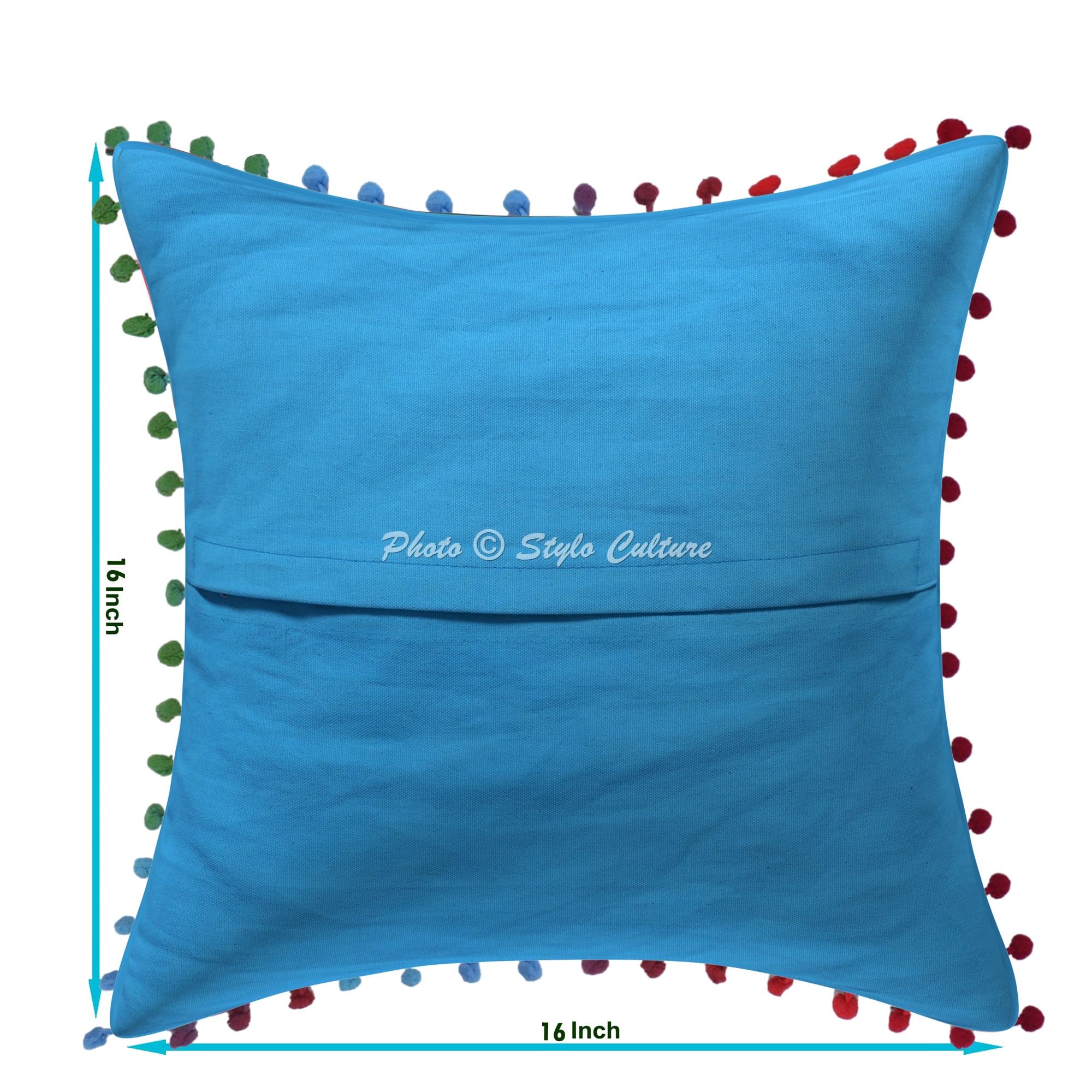 Ethnisch Dekorativ Baumwolle Couch Kissenbezüge 40x40 cm Türkis Dekokissen Suzani Bestickte Pom-Pom-Spitze Schlafzimmer Sofa Kissen Bezüge Blumen Quadrat Kissenhullen - 4 STK.
