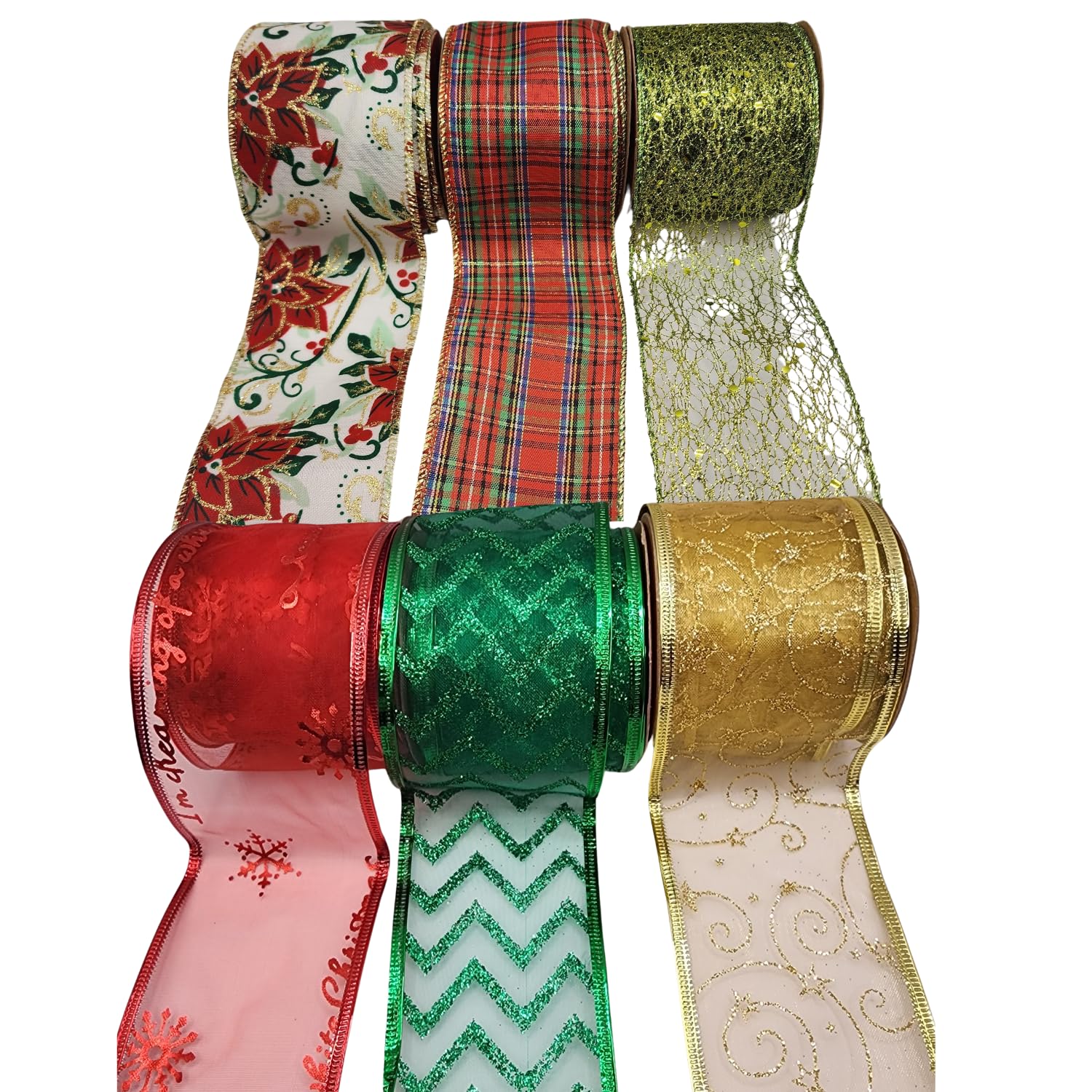 6 Rollen 36 Yards sortiertes Weihnachtsband mit Draht, Weihnachtsbaumband, verdrahtet, Weihnachtsband für Geschenkverpackungen und Schleifen, Drahtband für Weihnachtsbaum, elegantes Geschenkband,
