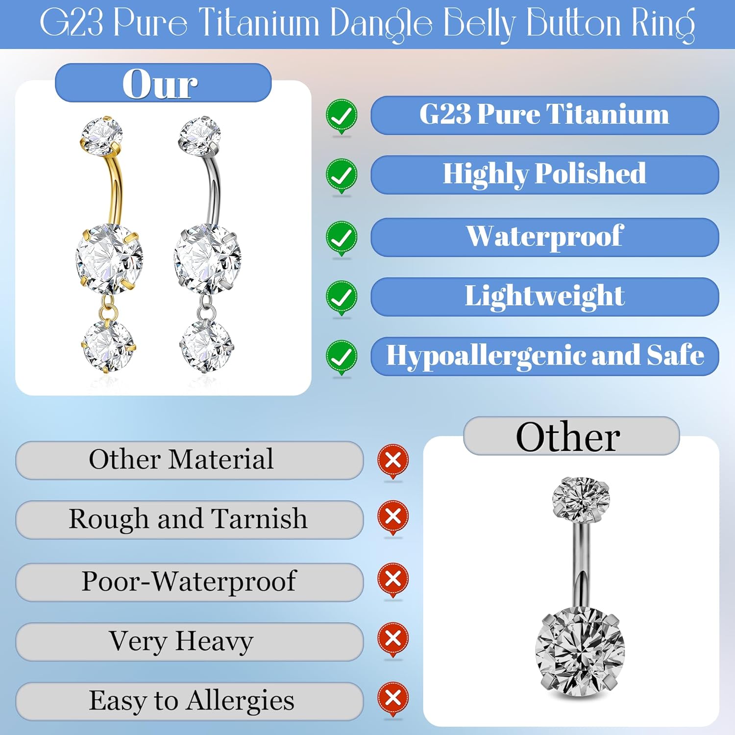14G G23 Pure Titanium Dangle Belly Button Rings for Women Dangling CZ Belly Rings Curved Barbell Internally Threaded Navel Rings Hypoallergenic Dangle Belly Button Piercing Jewelry 6-16MM - Image 4