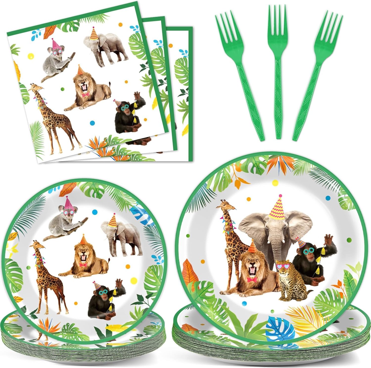 96Pcs Jungle Birthday Party Plates and Napkins Safari Animals Themed Party Decorations Jungle Theme Party Disposable Tableware Set for 24 Guests Wild Animals Gold Safari Zoo Birthday Favors Supplies