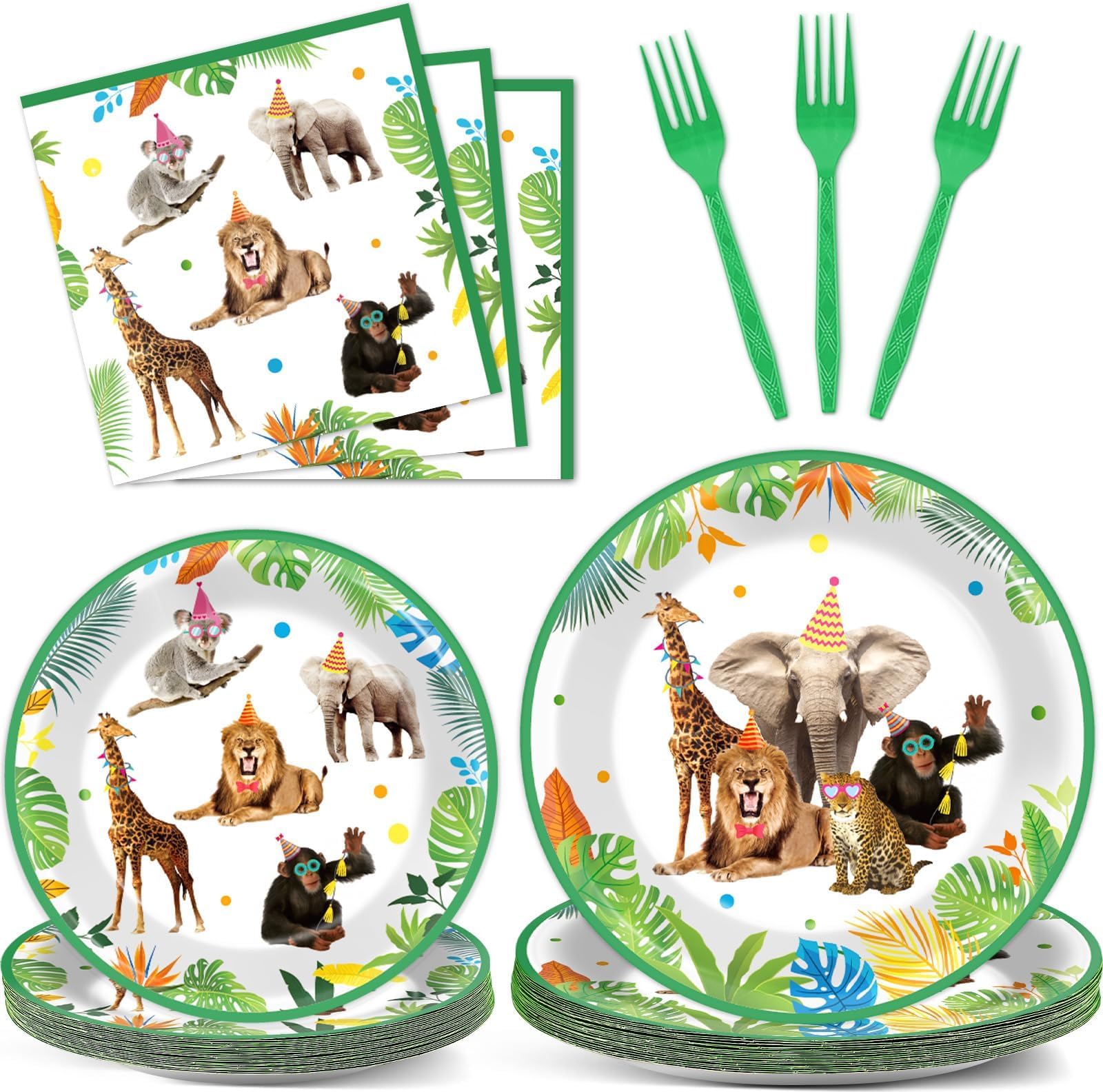 96Pcs Jungle Birthday Party Plates and Napkins Safari Animals Themed Party Decorations Jungle Theme Party Disposable Tableware Set for 24 Guests Wild Animals Gold Safari Zoo Birthday Favors Supplies
