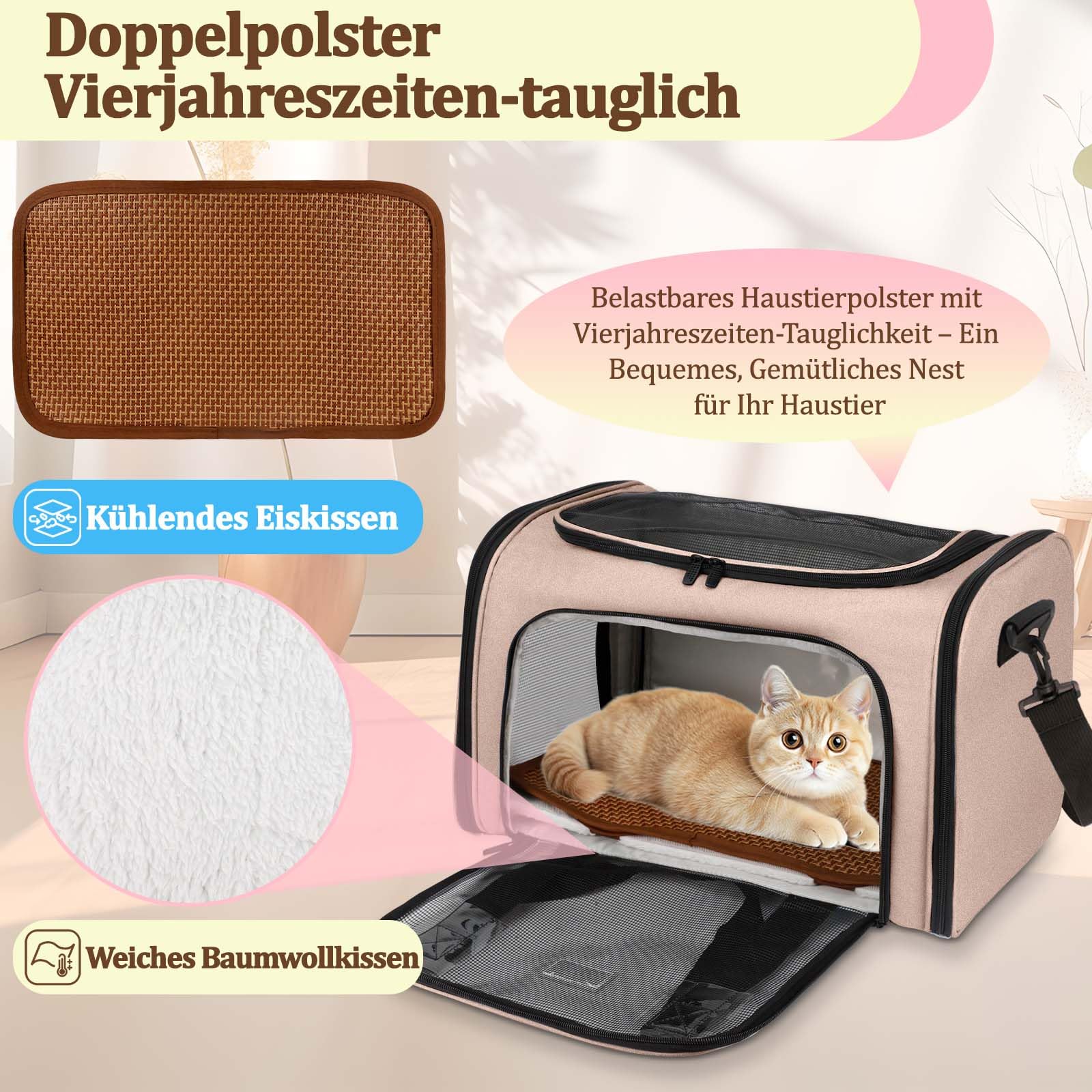 Katzentransportbox, Faltbare Transportbox Katzen und Hunde mit Plüsch-Einlage und Kühlmatte aus Strohgeflecht – für alle Jahreszeiten geeignet, Ideal für Der Gang zum Tierarzt Auto Fugzeug