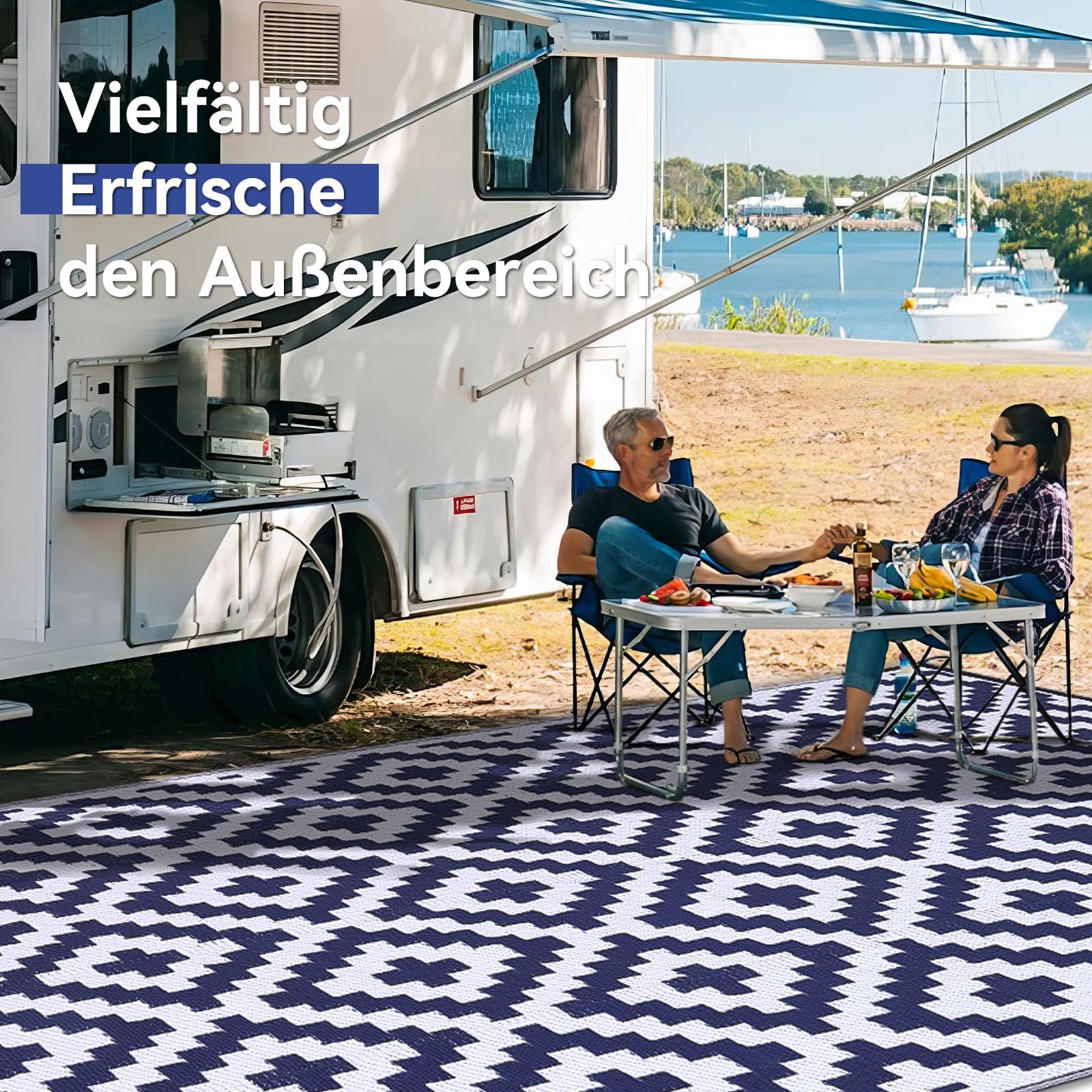 Homaxy Alfombra de exterior resistente a la intemperie, de plástico paja, resistente a los rayos UV, reversible, lavable, para balcón, jardín, terraza, camping, pícnic (150 x 240 cm, azul marino y