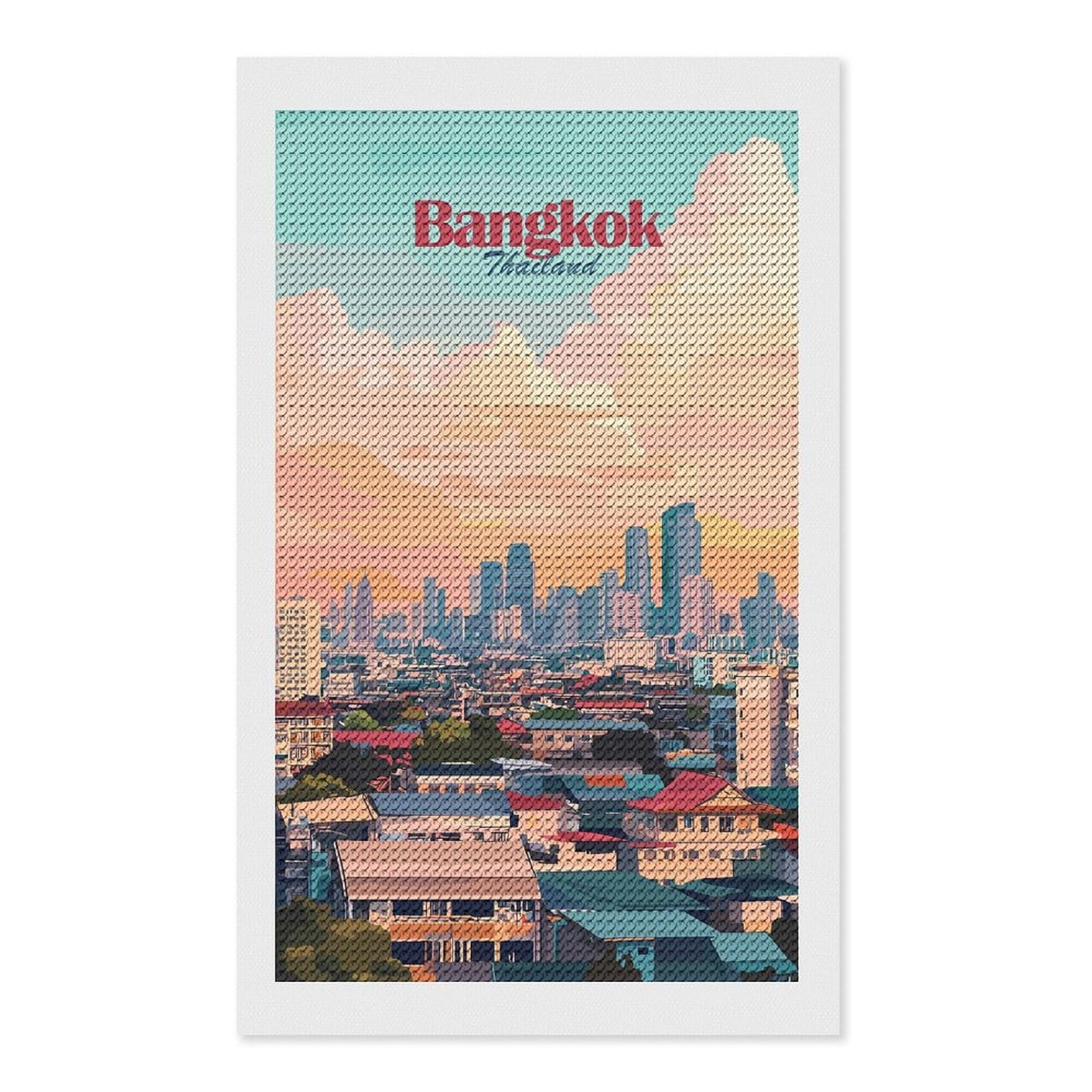 Junmoney Bangkok Thailand Cityscape Illustration Diamond Painting Set 12"x20", Stress Relief Craft, Easy to Enjoy, Vintage Style Decor, Festive Craft Gift