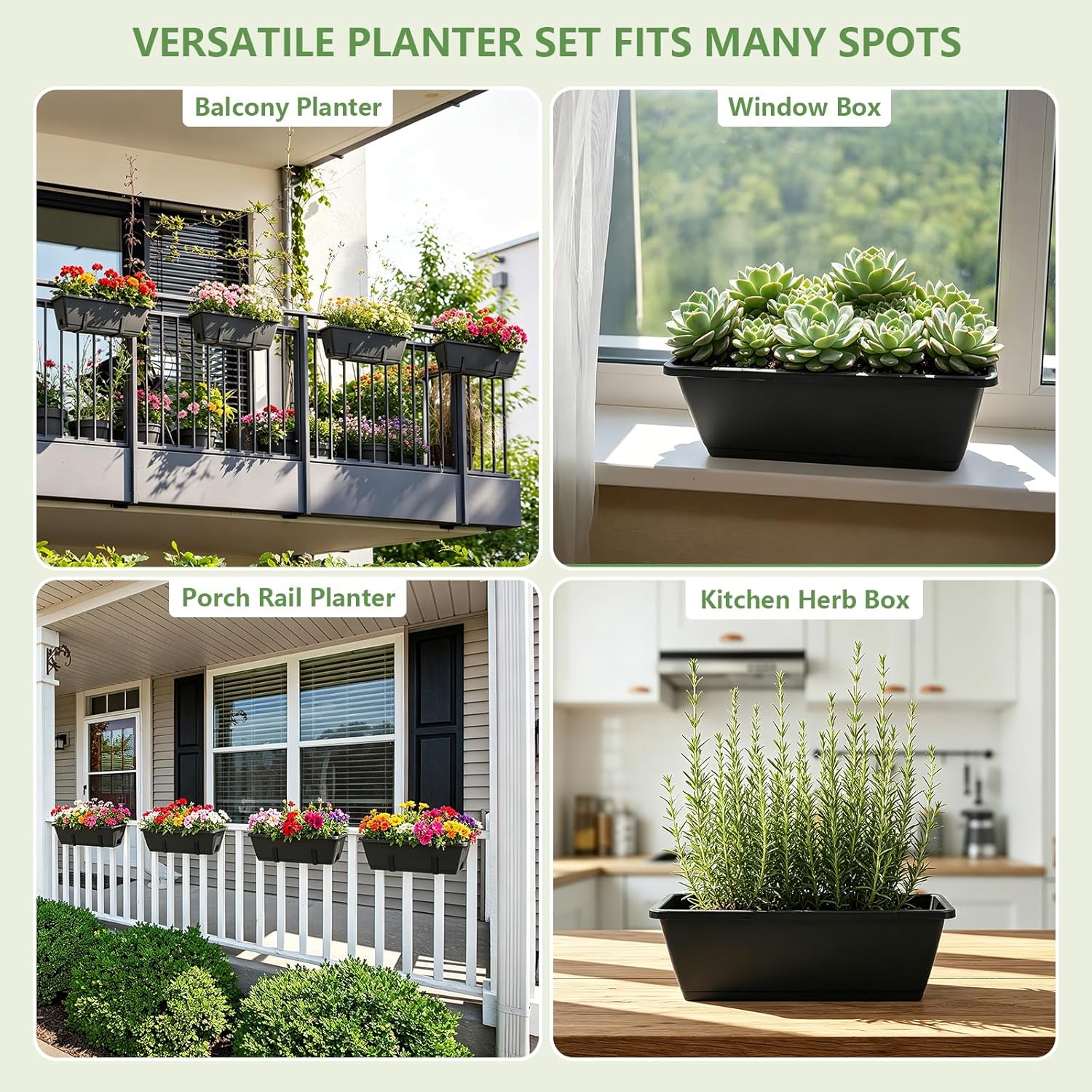 OYEAL Railing Planter Box 4 Pack Window Boxes Planters with Adjustable Brackets 17 Inch Hanging Planters for Outdoor Plants Flower Boxes for Balcony Fence Deck Railing Porch Over Rail, Black