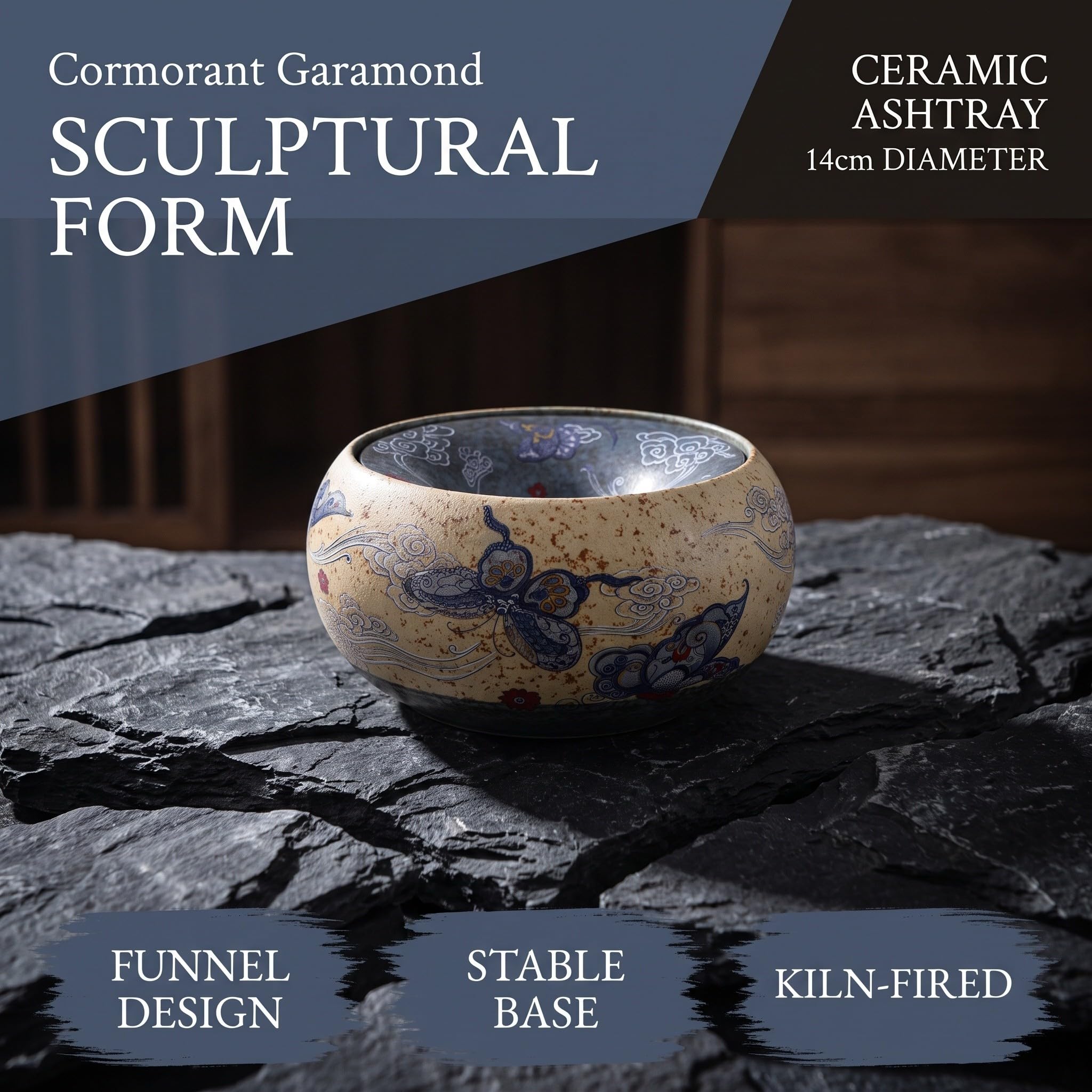 Artibetter Posacenere a imbuto in ceramica in stile retrò - Posacenere da tavolo per sigari resistente alle intemperie con motivo orientale - Portacenere rotondo da 14 cm per scrivania, ufficio e