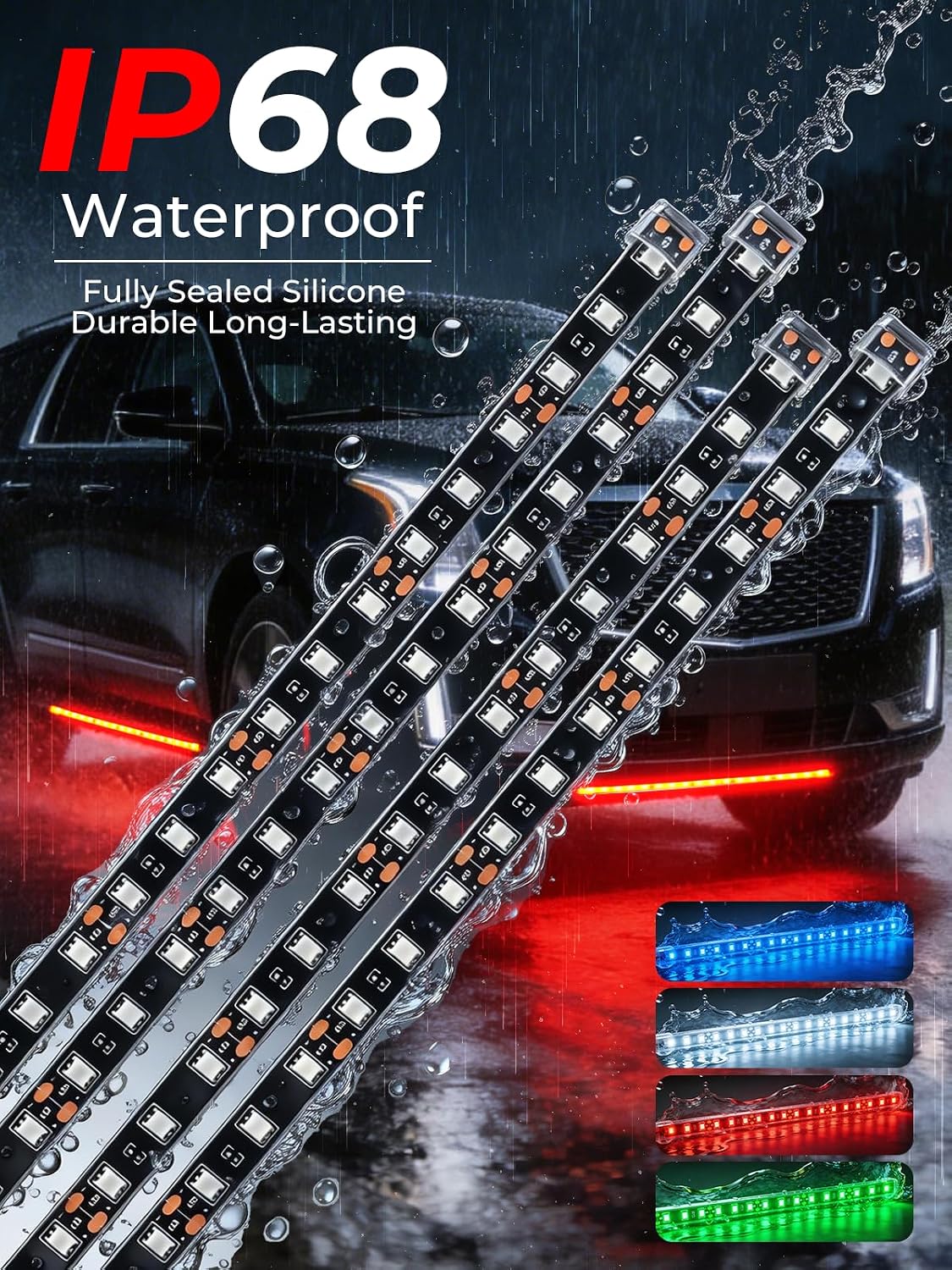 Car LED Strip Lights IP68 Waterproof Cuttable 12inch Red 4 Pcs