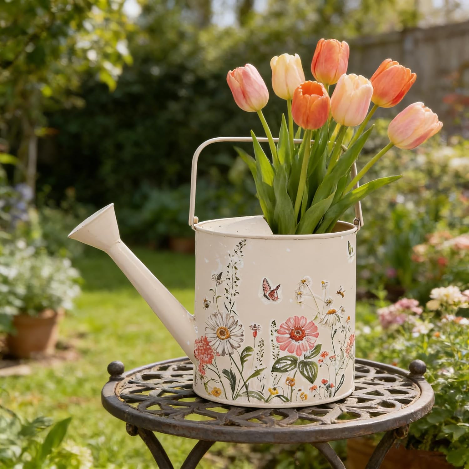Vintage Floral Metal Watering Can for Indoor/Outdoor Plants, Pink Functional Garden Waterer with Long Spout, Garden Water Pot Rustic Decor for Home Garden Patio