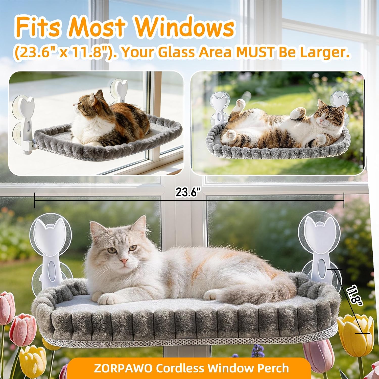 Cat Window Perch - Gray Cordless Foldable Cat Window Hammock for Large Cats, Sturdy Metal Frame Hanging Cat Bed, 40 lbs Capacity