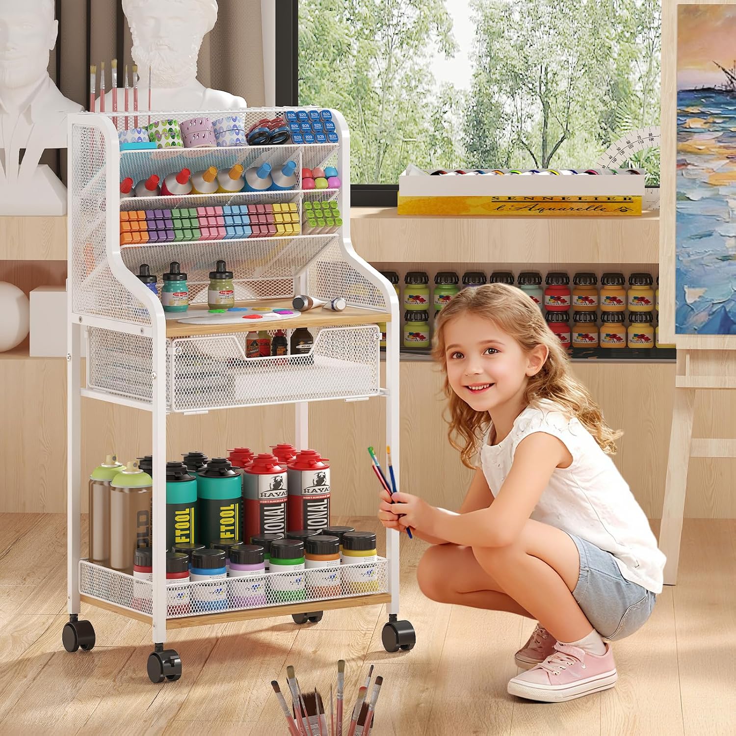 Small Rolling Craft Cart with Drawer, White Utility Art Cart, Metal Storage Cart with Lockable Wheels, 6 Tiers Paint Organizer for Art Supplies, Store for Brushes Paints Artifacts Small Parts - Image 3