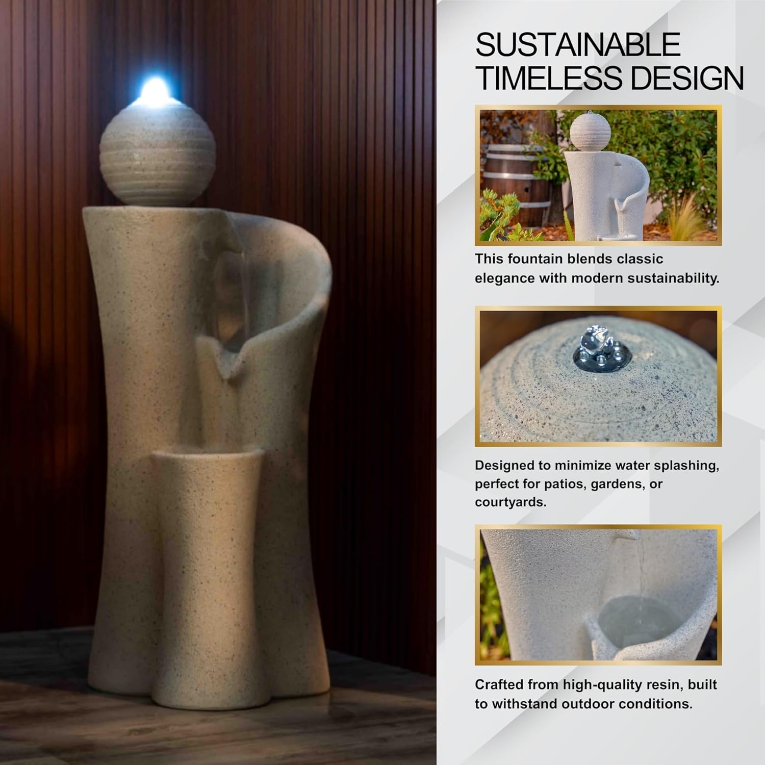 XBrand 41" Modern Sphere Curve Cascading Fountain, Resin