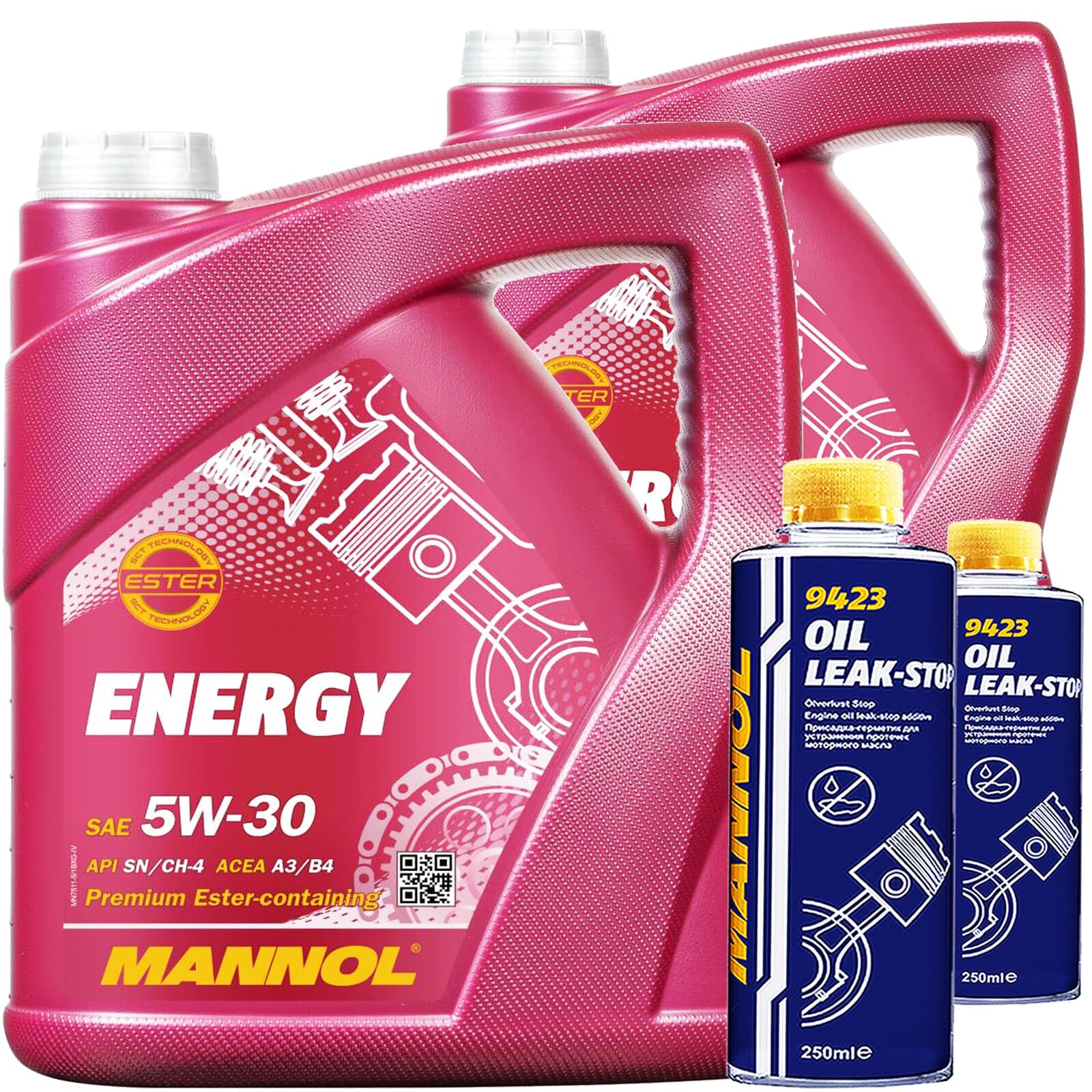 2x5L Mannol Energy Motoröl SAE 5W30+2x250ML Oil Leak-Stop | 502-505.00, 229.3 Wss-M2C913-B Acea A3,