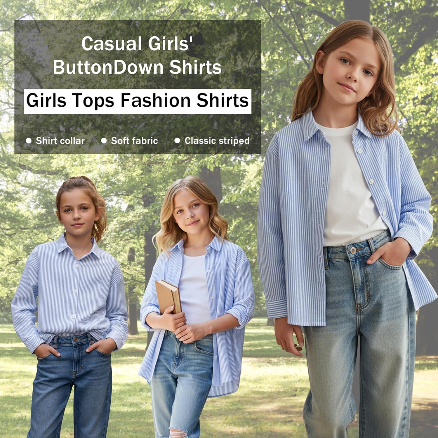 5Y-12Y Girls Button Down Shirts Striped Classic Casual Long Sleeve Collared Girls Western Shirt - Image 5