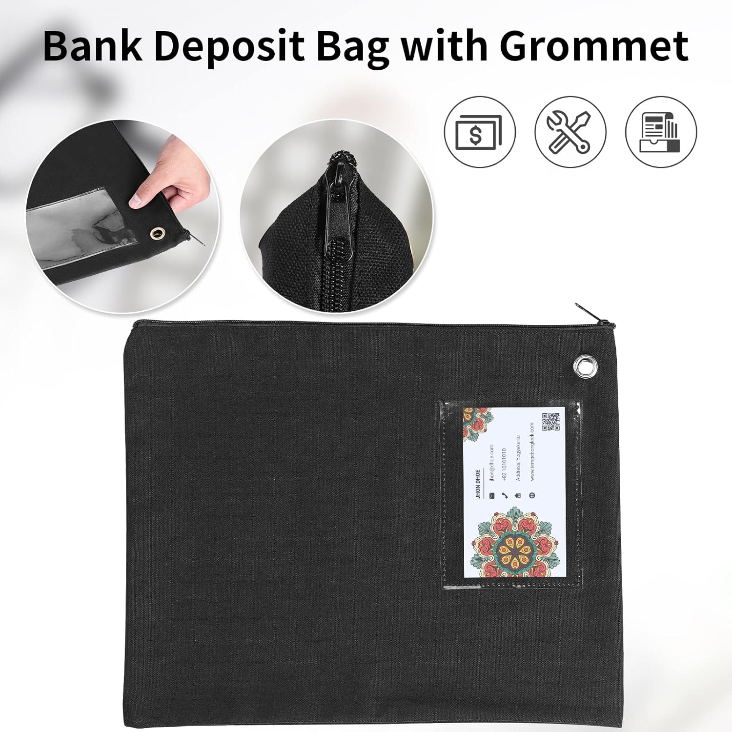 14×11Inch Large Black Bag with Zipper Black Bank Deposit Bag with Grommet Interoffice Mailer Canvas Transit Sack for Documents Money Passport (black)