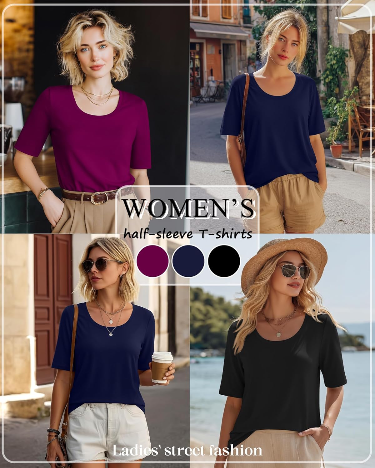 Ficerd 3 Pack Scoop Neck Elbow Length Half Sleeve Tops for Women, 1/2 Sleeve T-Shirt Casual Summer Loose Basic Tees