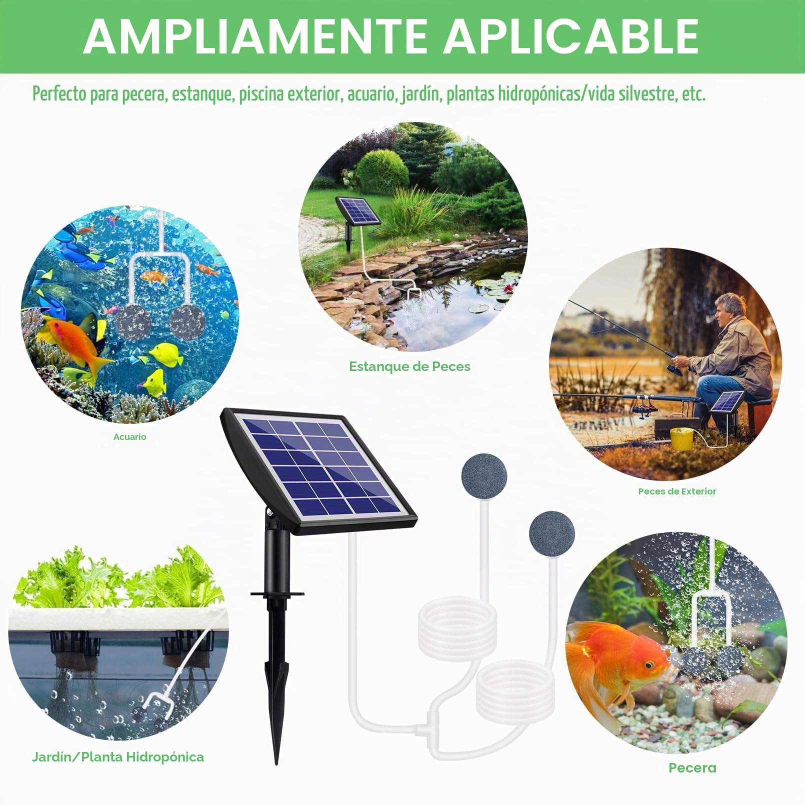 Bomba solar Sauerstoffpumpe, aireador solar de 2 W para estanque con batería de respaldo de 2200 mAh, bomba de aire hidropónica, adecuada para pesca al aire libre, estanques, acuarios