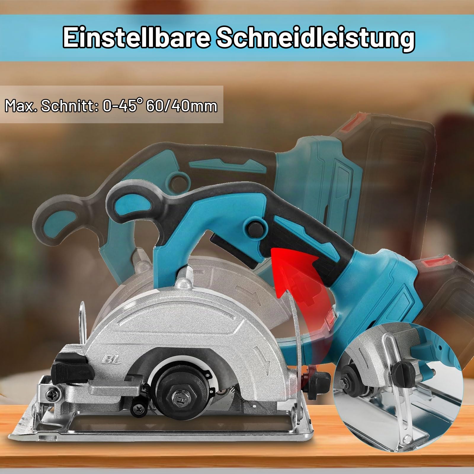 5“ Akku Handkreissäge kompatibel mit Makita Akku 18V, 8000RPM Bürstenlose Kreissäge mit 4 Sägeblättern, Metall-Hilfsgriff, 60 mm (90°), 40 mm (45°) Schnitttiefe, für Holz weiches Metall (keine Akku)