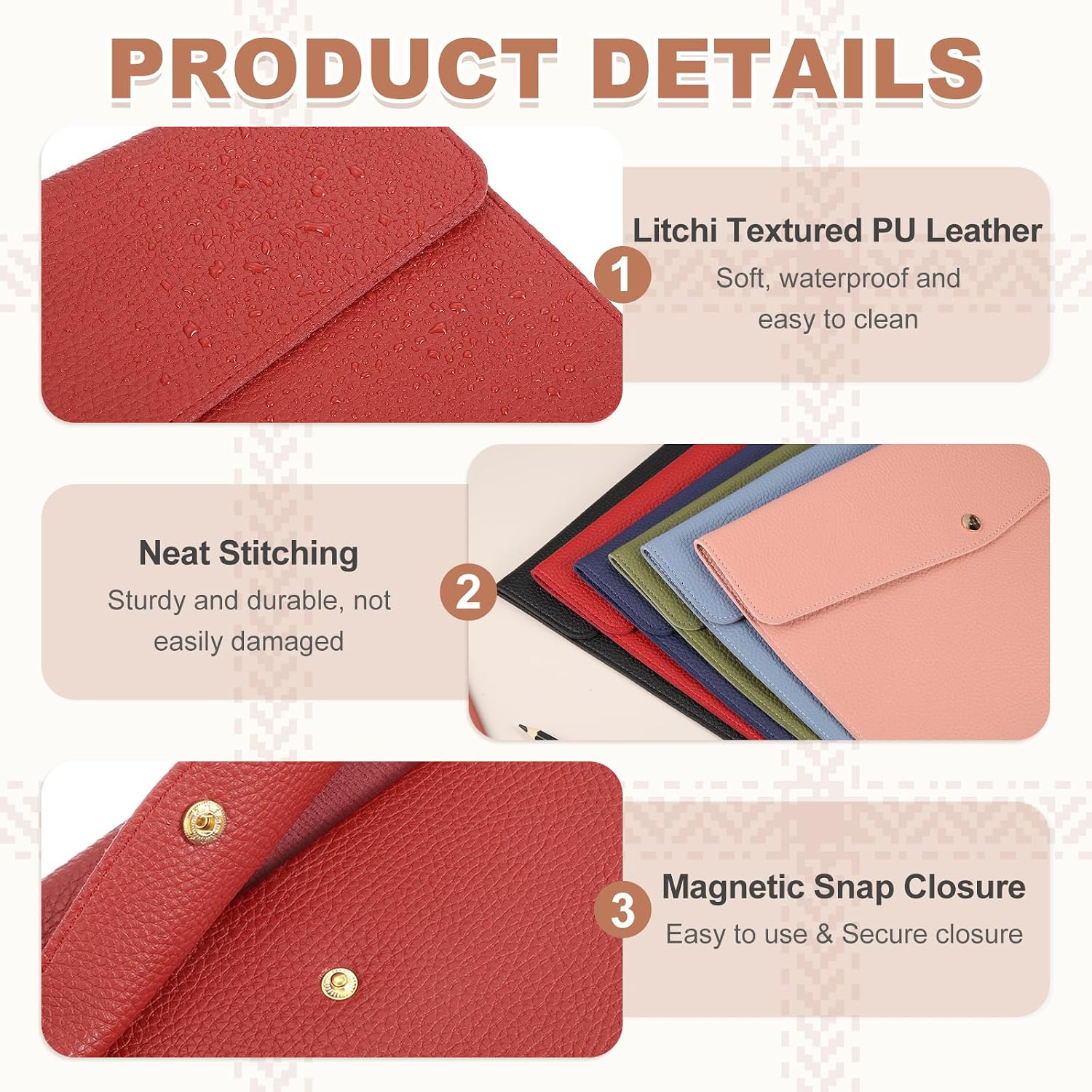 PATIKIL 2Pcs PU Leather A4 File Folder, Document Holder Envelope Waterproof Litchi Texture Filing Organizer Portfolio Folder Case with Magnetic Snap Closure for Home Office, Red image 3