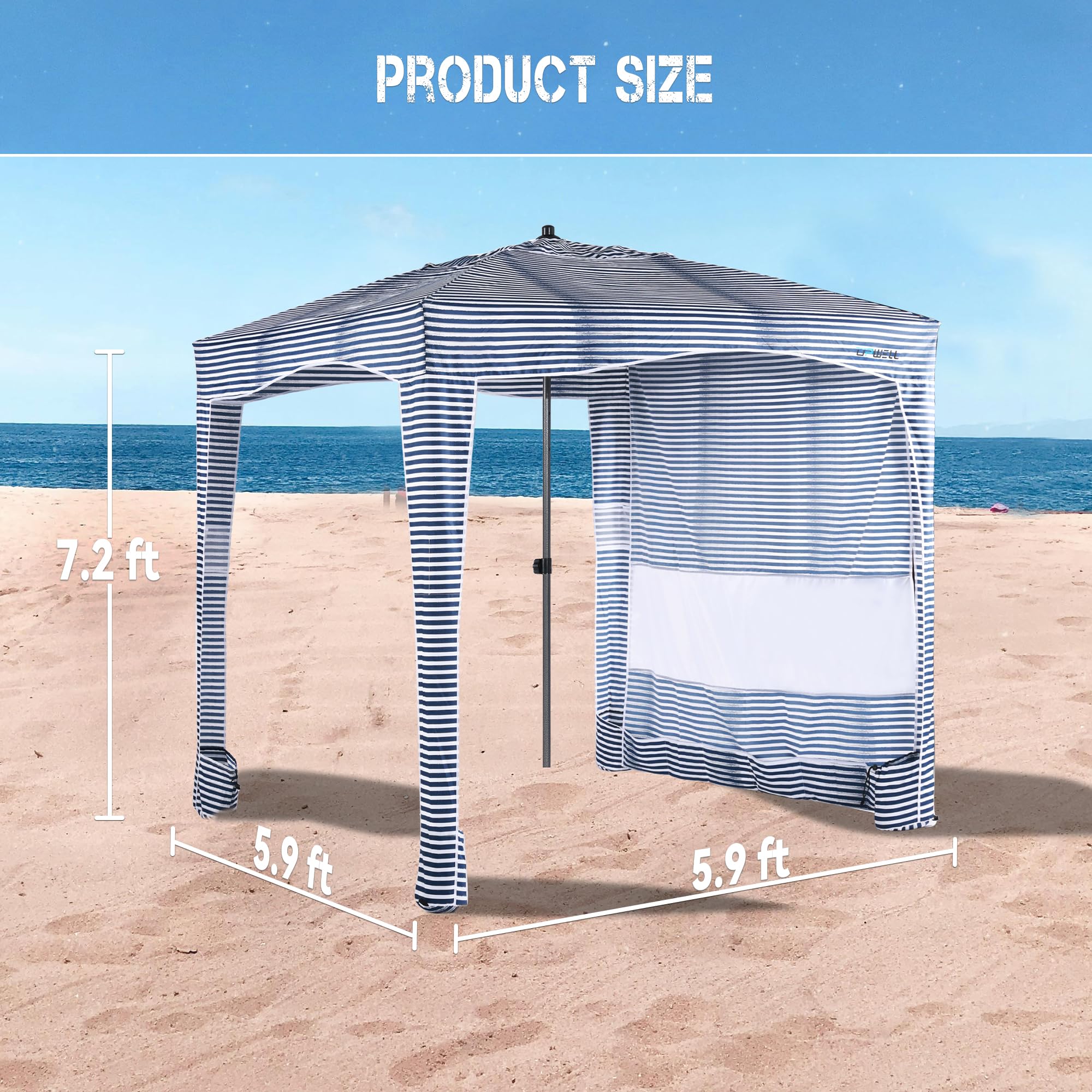 UPWELL Namiot plażowy, łatwy montaż, zadaszenie, schronienie przeciwsłoneczne, fajna kabana, z ochroną UPF 50, ochrona przed promieniowaniem UV, przenośny parasol plażowy z kieszeniami na piasek, do