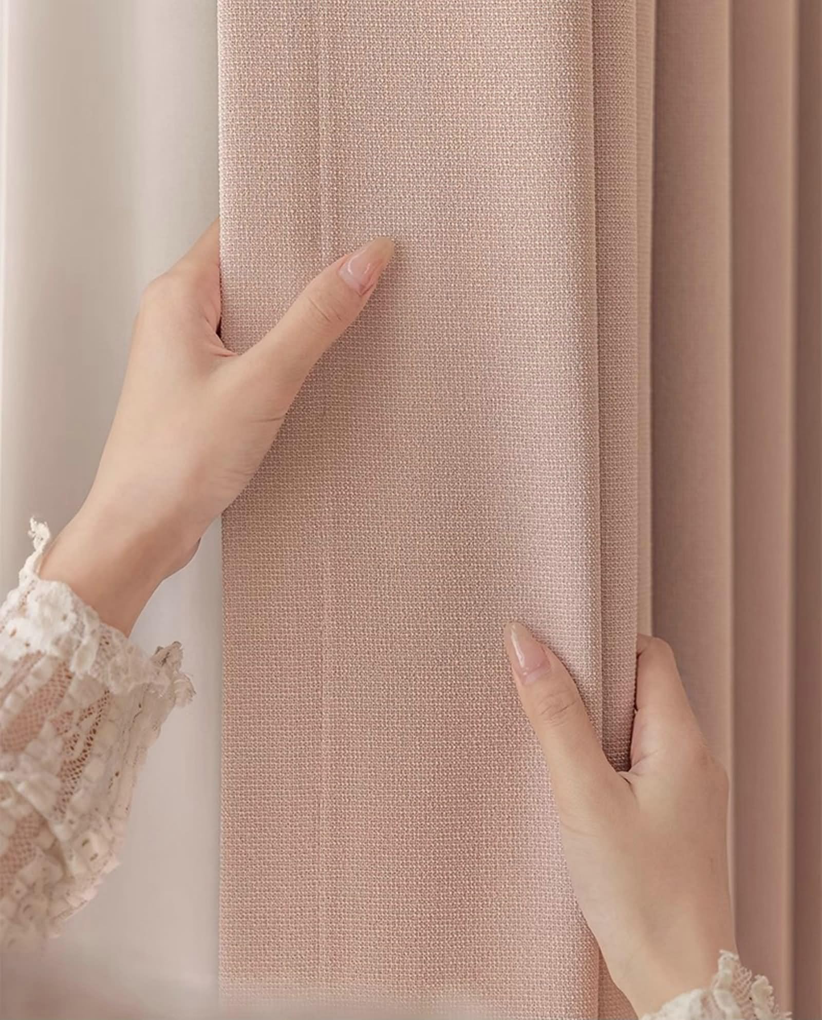 Rideaux Chambre Rose, Rideau Boheme Exterieur Couleur Unie avec Textures Tissées Mélange Polyester-Coton 2 Panneaux 137W x 244L cm