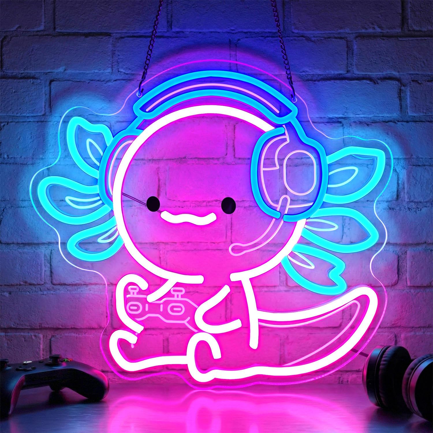 Cute Axolotl Gaming Neon Sign with Headset & Controller,LED Neon Wall Light for Gamer Room Decor,USB Powered Dimmable Neon Light for Bedroom,Teens Room,Game Setup