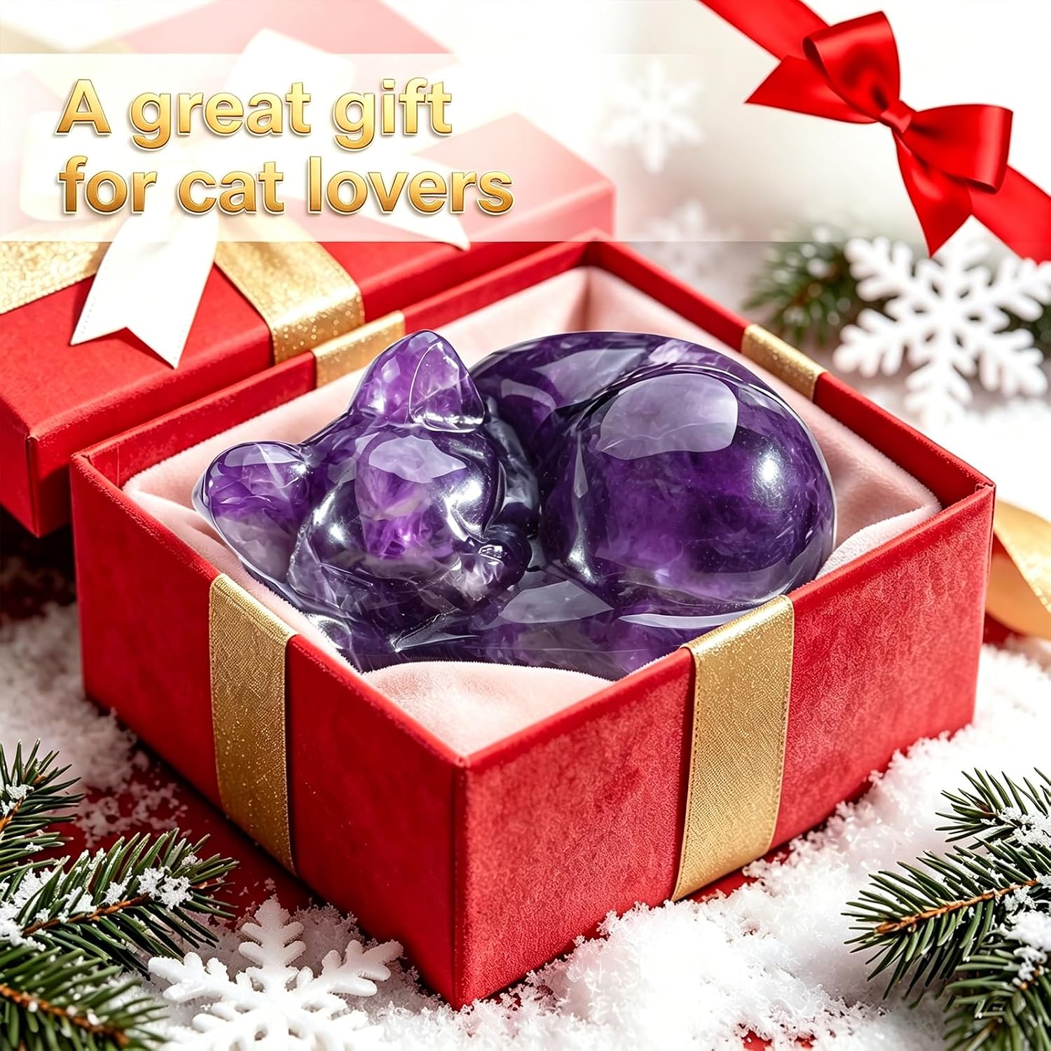 2Pcs Crystals Cat Figurines, 2" Sleeping Cat Crystal Natural Gemstone Sculpture, Healing Crystal Kitty Statue, Home Office Desk Decor, Cat Themed Ornaments Gift for Cat Lovers - Amethyst & Amethyst image 5