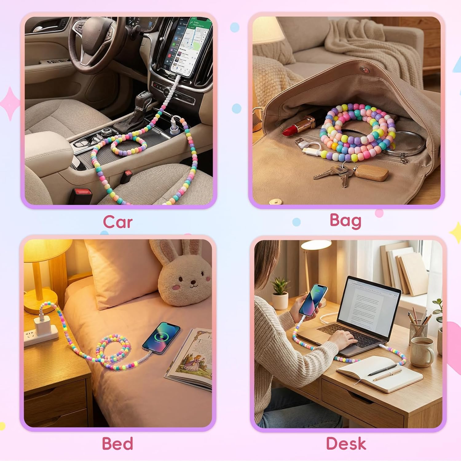 4-in-1 Beaded Charging Cable, Metal Design, Nicely Packed, 60W Fast Charging, MFi Certified, Cute Colorful Cable, Gift for Girls, Compatible with iPhone, iPad, AirPods, Galaxy, and More - Image 6