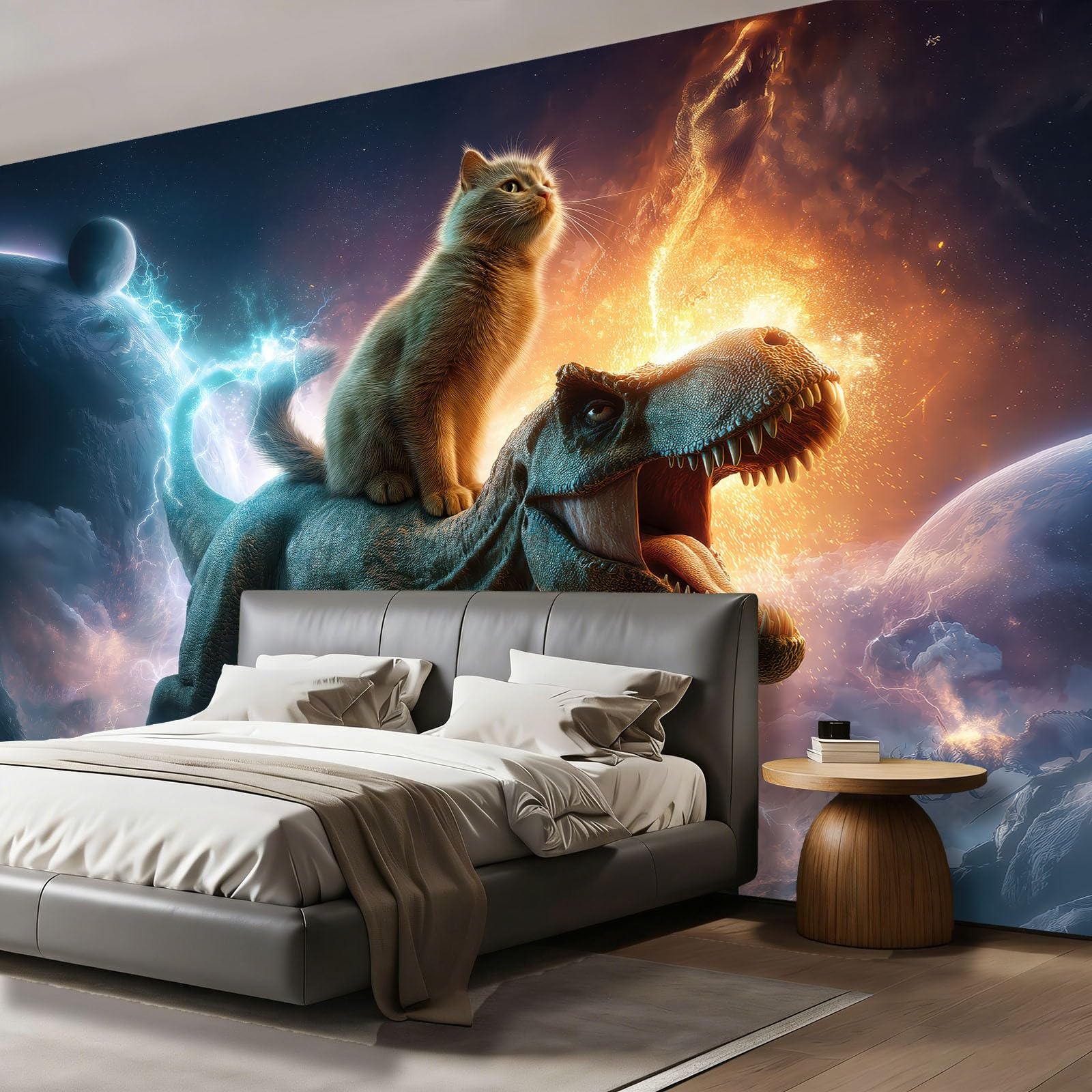 Tapeta 350 x 256 cm, panoramiczna tapeta z włókniny fantastyczne koty dinozaury błyskawica, kolorowe dekoracje ścienne plakat z nadrukiem 3D gobelin