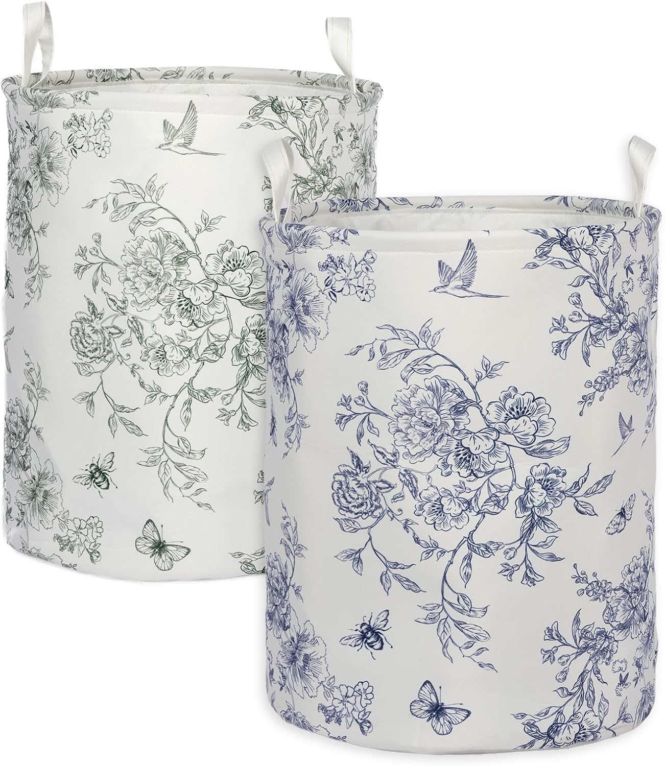 2Pcs Blue Floral Laundry Basket Cute Girls Nursery Hamper Kids Baby Flowers Room Decor Foldable Oxford Cloth Funny Tote Clothes Storage Bucket Organizer For Bedroom (Floral)