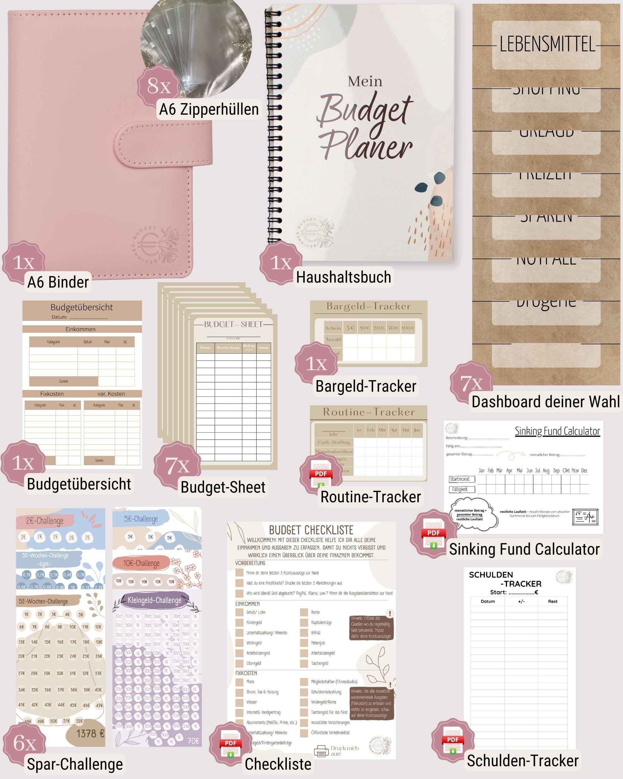 BeginnerBudget® Budget Planner Deutsch - Starterset mit Sparchallenge + Budgetplaner (144 Seiten) - Sparen mit Umschlagmethode + Anleitung Ringbuch, Binder A6 Glattleder, vegan (Rosa)