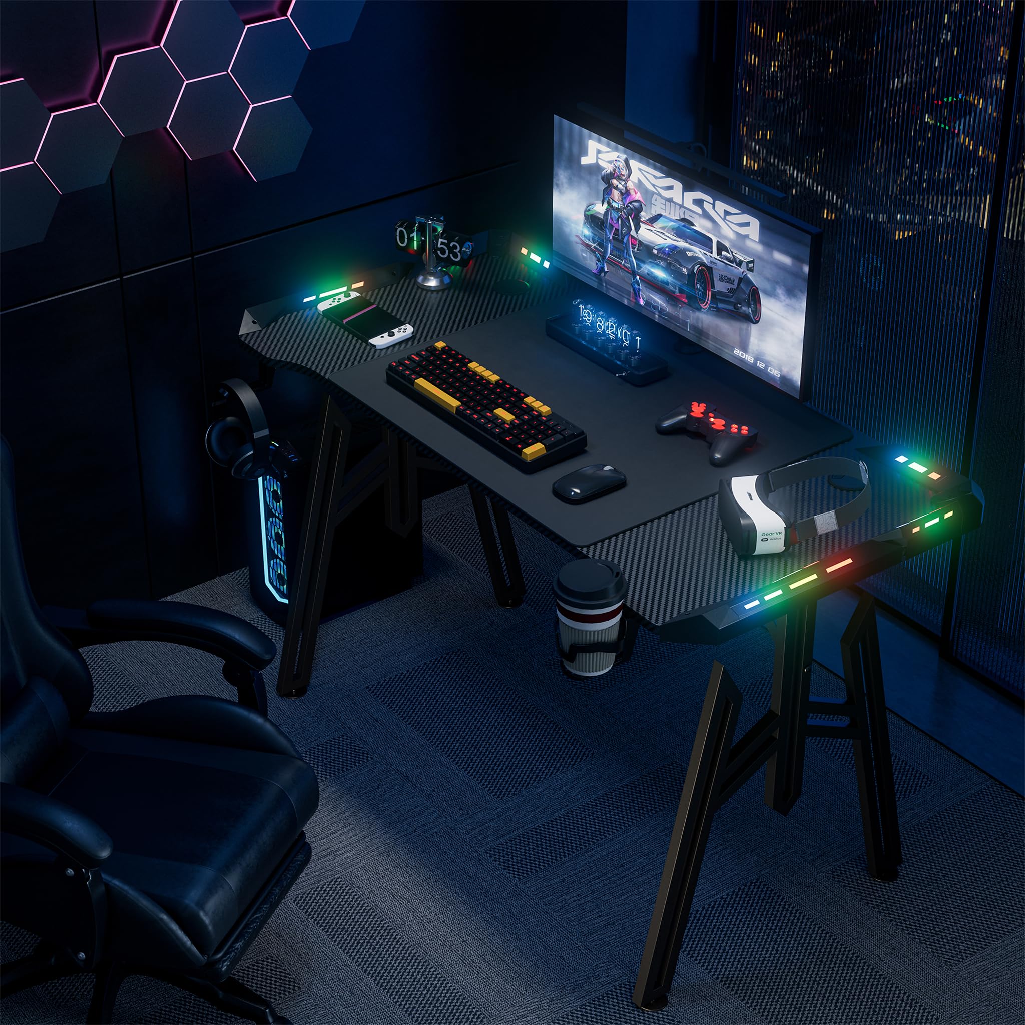 UISEBRT 160x60x73cm Mesa Gaming M-Frame con LED, Mesa de Ordenador con Portavasos y Gancho para Auriculares, Superficie de Fibra de Carbono, Mesa Gaming, Negro, Mesa Ergonómica Gamer para Dormitorio