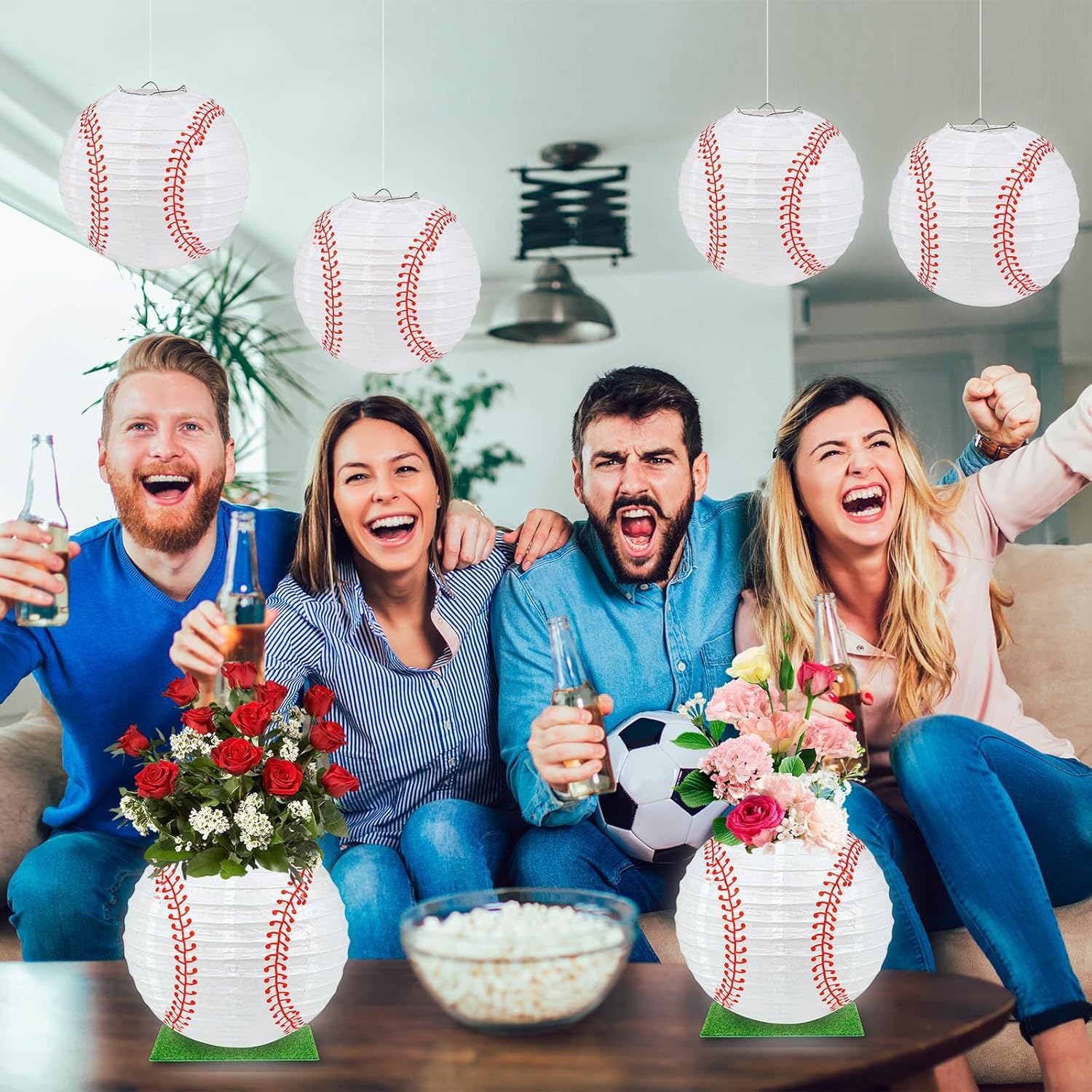 6 Sets Baseball Centerpieces for Tables Paper Lantern with 6 Pcs LED lights 6 Pcs Grass Squares 6 Pcs Baseball Paper Lantern and Fishline for Baseball Themed Party Decorations