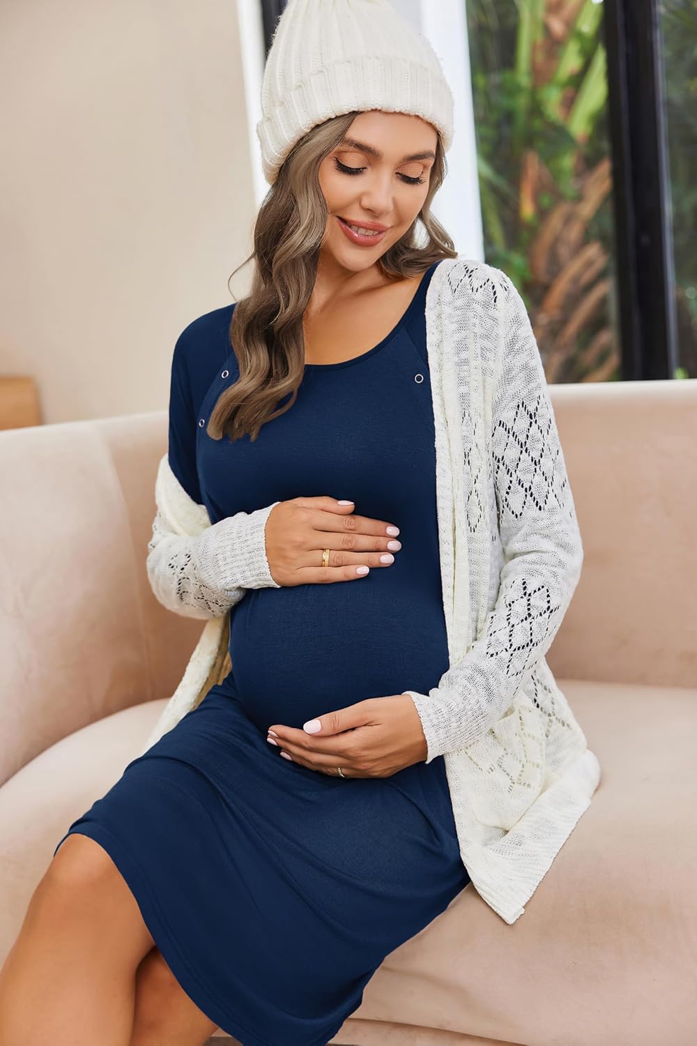 Ekouaer Women Maternity Nightgown Labor Delivery Nursing Gown Hospital Breastfeeding Dress Button Down Long Sleeve Sleepwear - Image 6