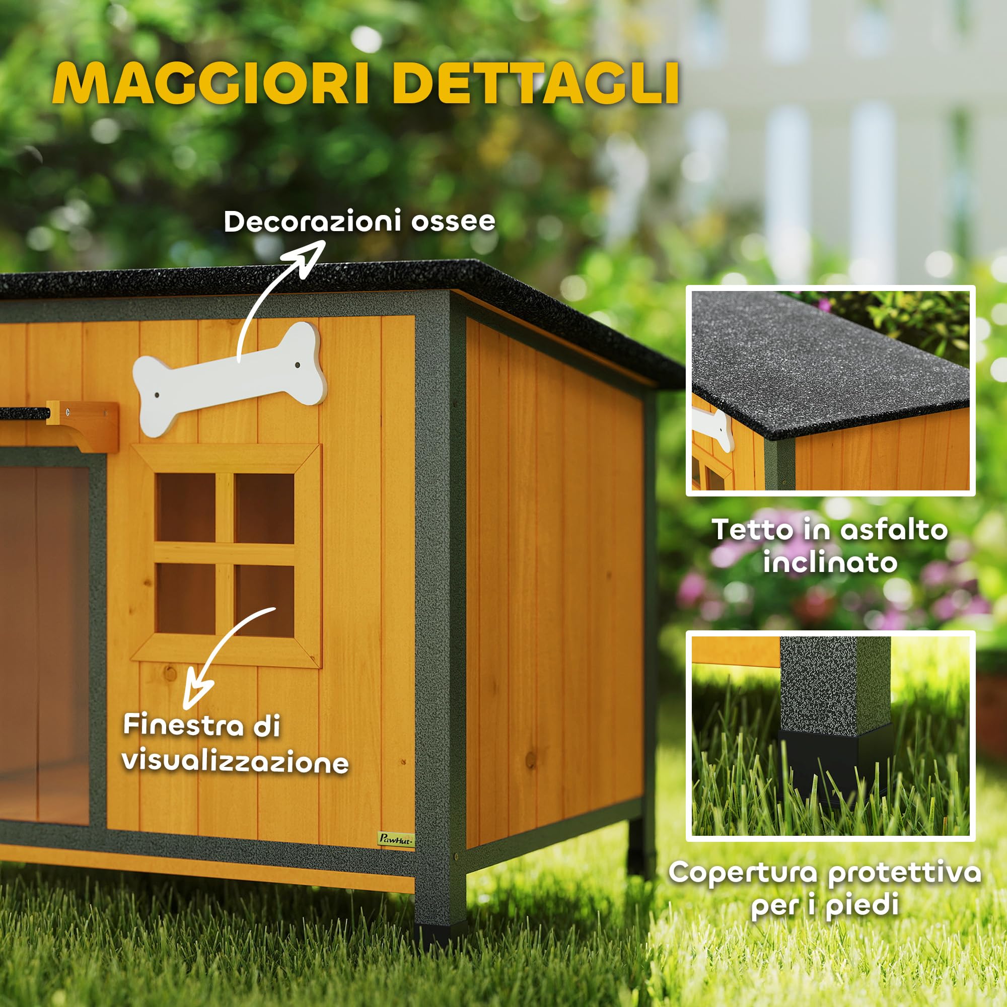 PawHut Cuccia per Cani da Esterno in Legno e Acciaio Anti-Morso, Casetta per Cani Rialzato con Tetto Spiovente Apribile e Impermeabile, Pavimento Rimovibile, Tenda per Porta, Tettoia, 84.5x62x65 cm