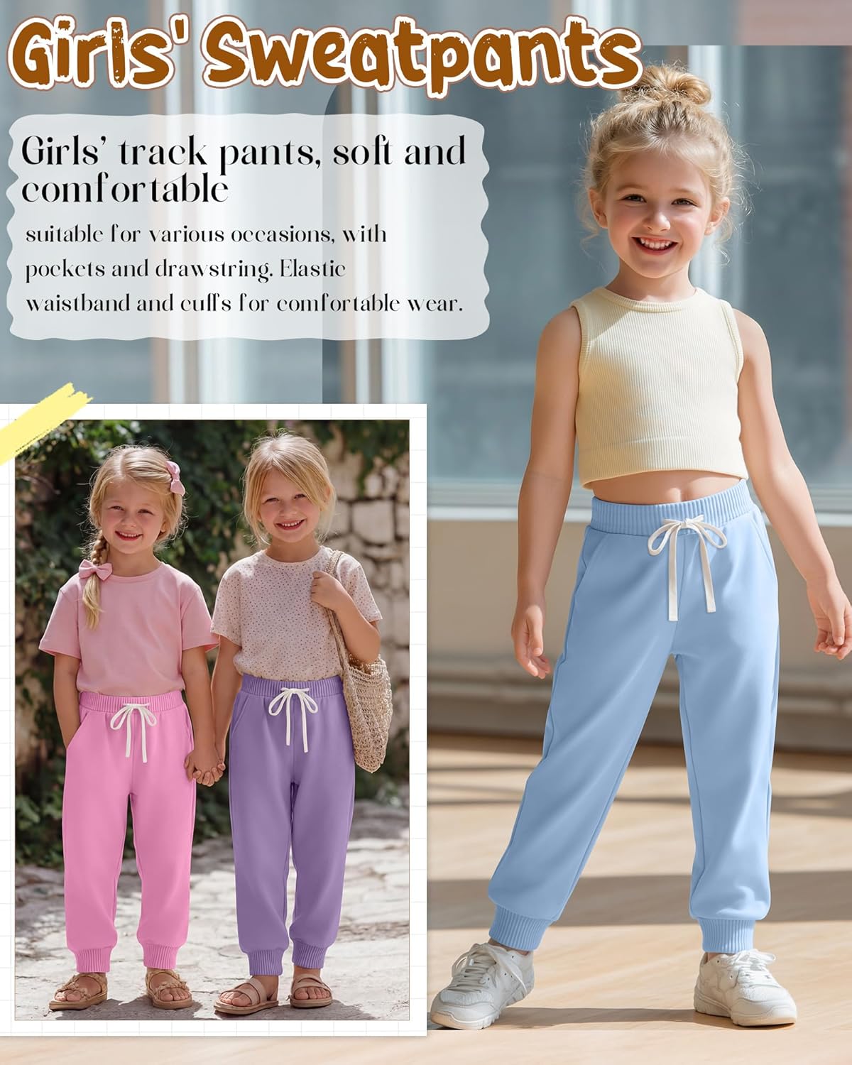 5 Pack Girls Sweatpants Wide Leg Athletic Lightweight Drawstring Jogger Spring Baggy Kids Sweat Pants with Pockets