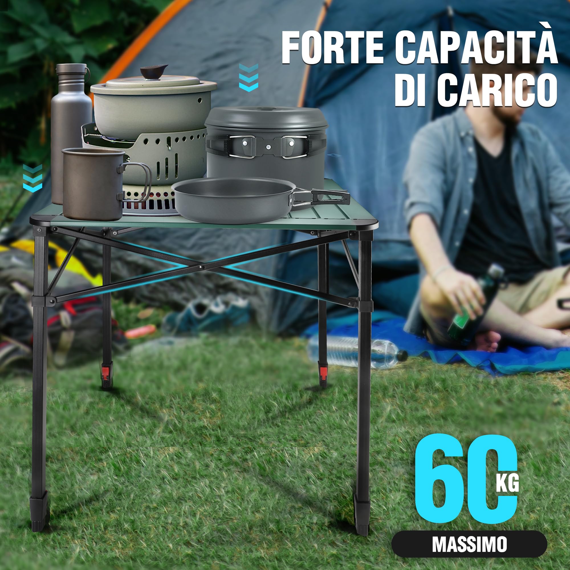 VILLEY Tavolo Pieghevole in Alluminio 70x70x78 cm con Borsa da Trasporto per Campeggio Picnic Giardino