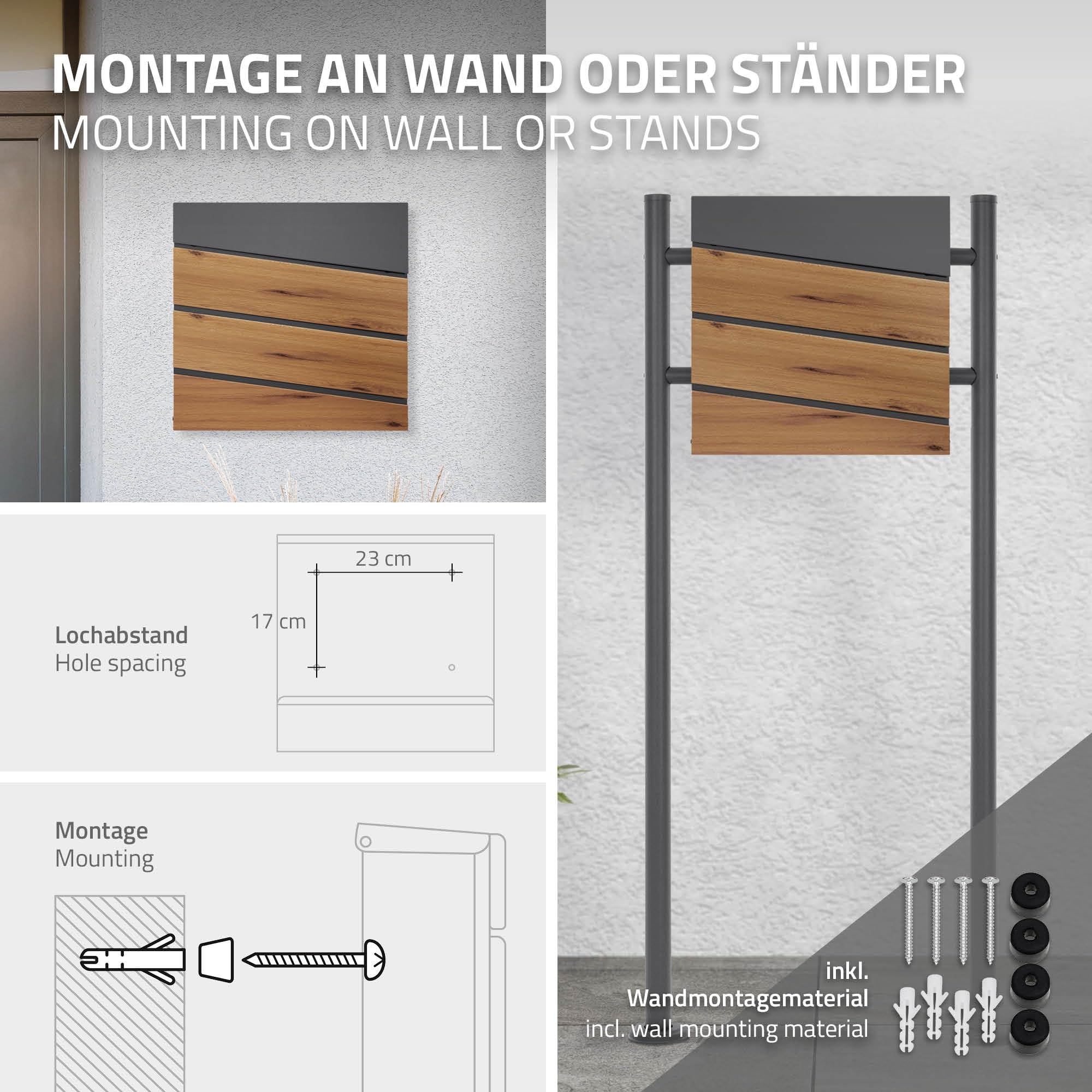 ML-Design Cassetta Postale Montaggio a Parete Muro Esterno 37 x 36,5 x 11 cm in Acciaio Antracite/Aspetto Legno Buca delle Lettere con Scomparto Porta Giornali Stile Moderno con Serratura e 2 Chiavi