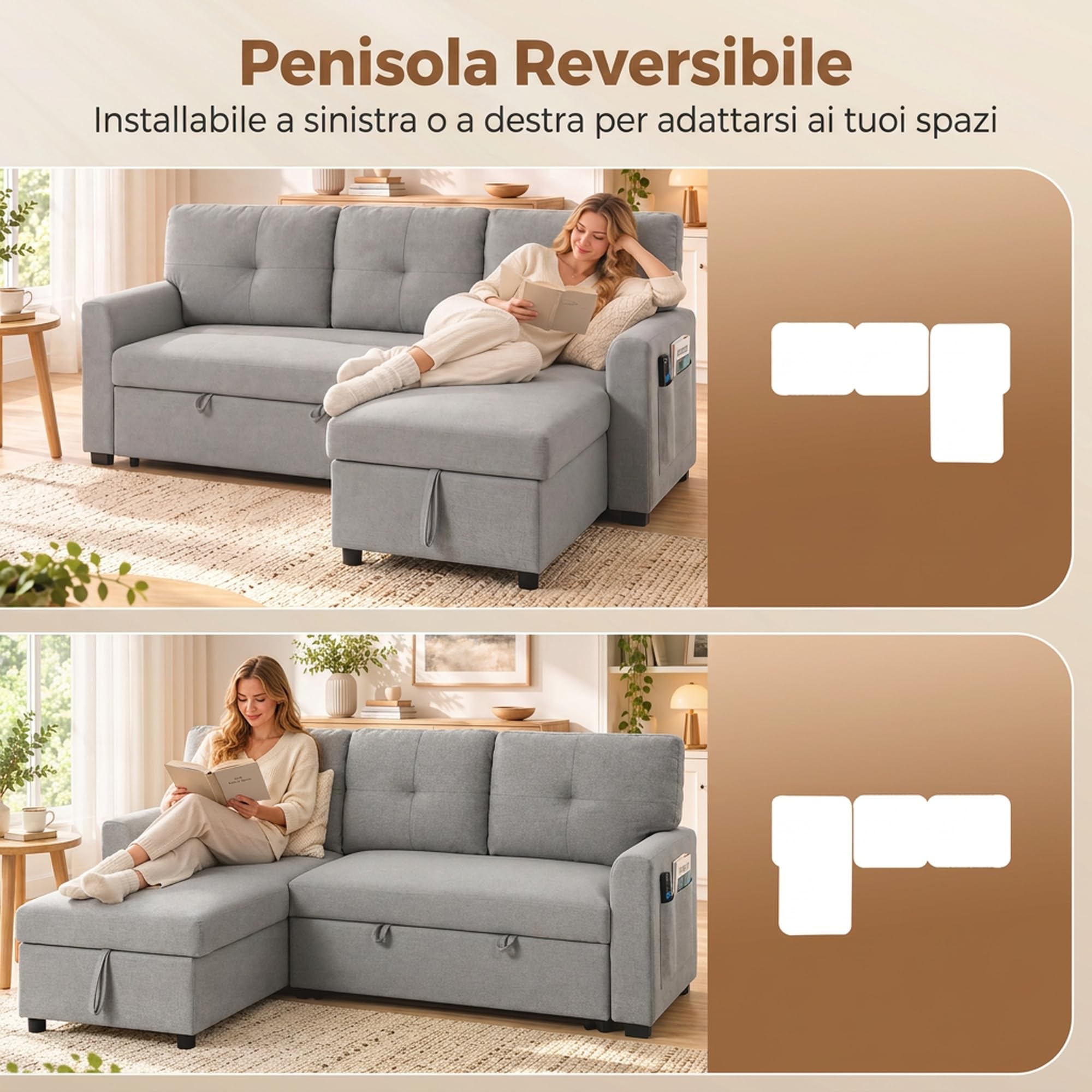 HOMCOM Divano Letto 3 Posti Estraibile con Chaise Longue Convertibile