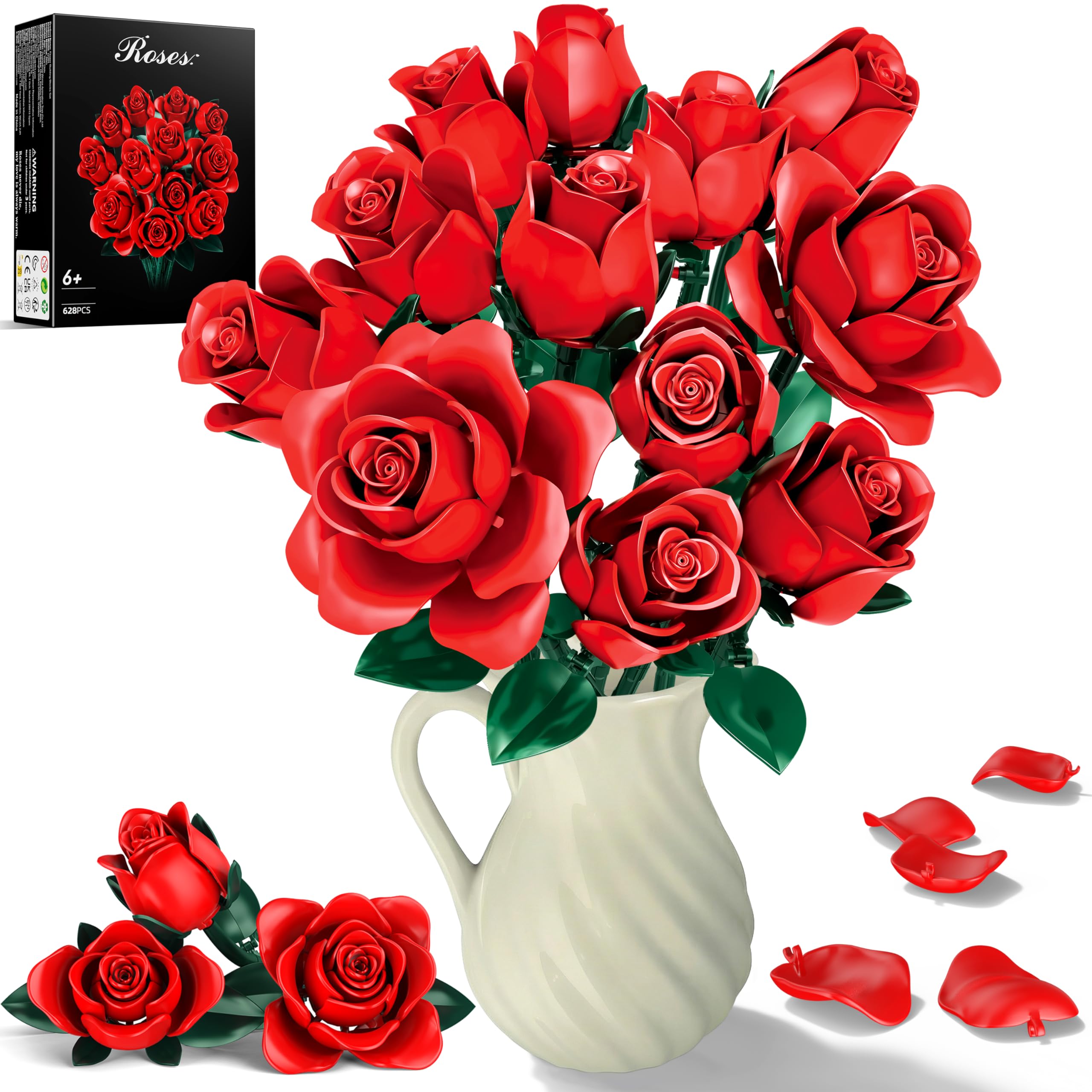 Valentines Red Rose Flowers Bouquet Building Set, 634 PCS Roses Flowers Artificial Flowers Botanical Collection Blocks Kit for Adults Women Gift, DIY Rose Building Block for Christmas & Valentines